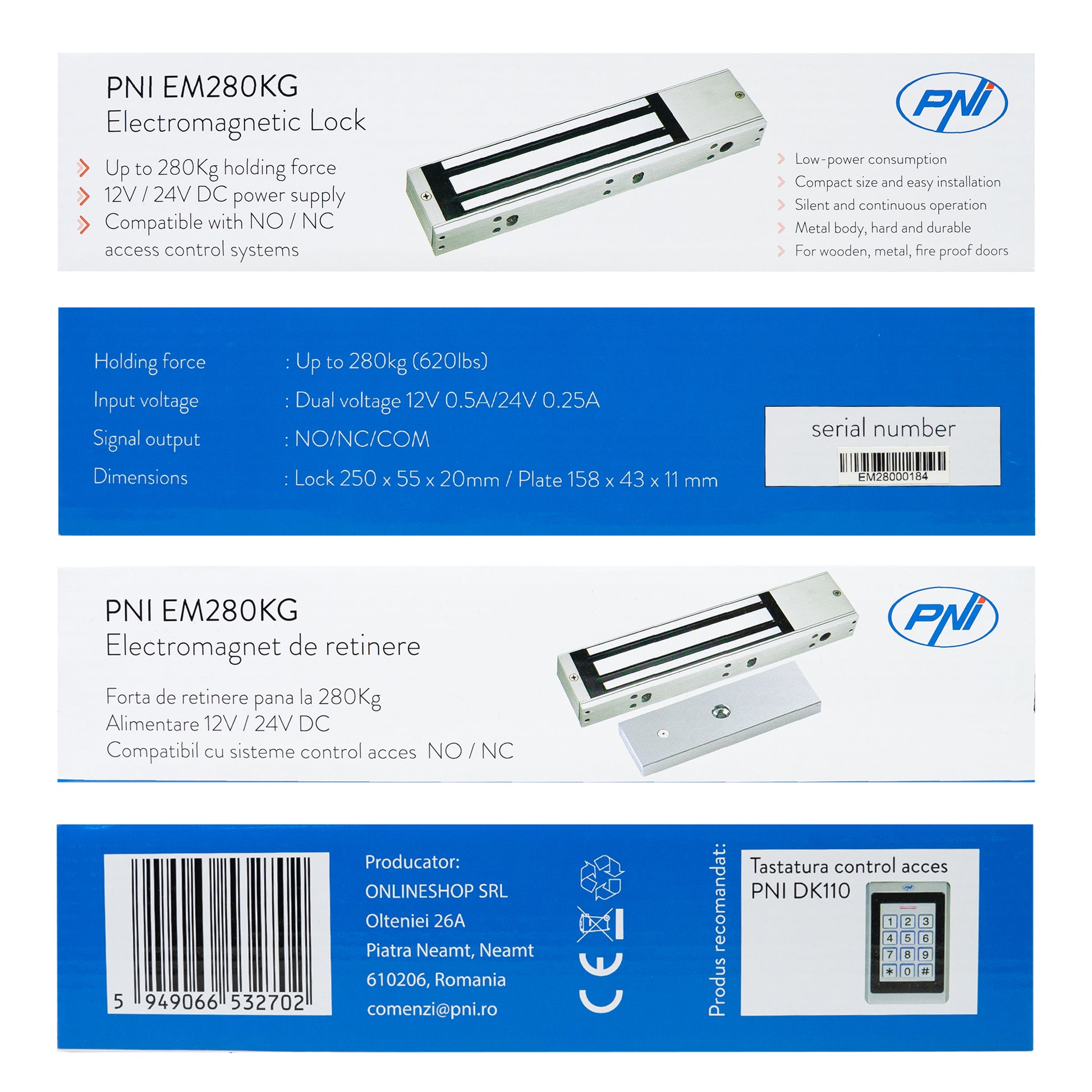 Electromagnet de retinere PNI EM280KG NO/NC/COM, forta de inchidere 280kg, alimentare 12V 24V
