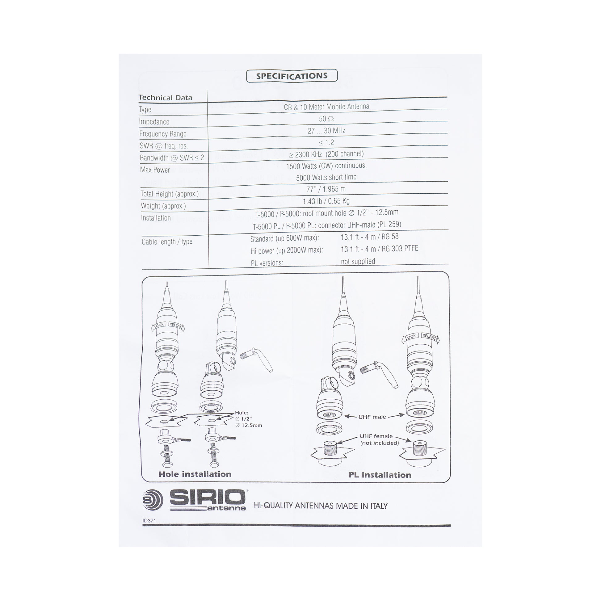 Antena CB Sirio Performer 5000 PL, 196.5cm fara cablu