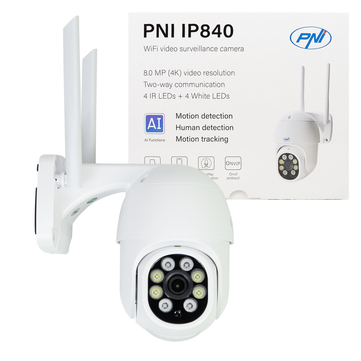 Camera supraveghere video wireless PNI IP840 WiFi, PTZ, 8MP 4K, slot micro SD, stand-alone, functii AI, ONVIF, ICSee app