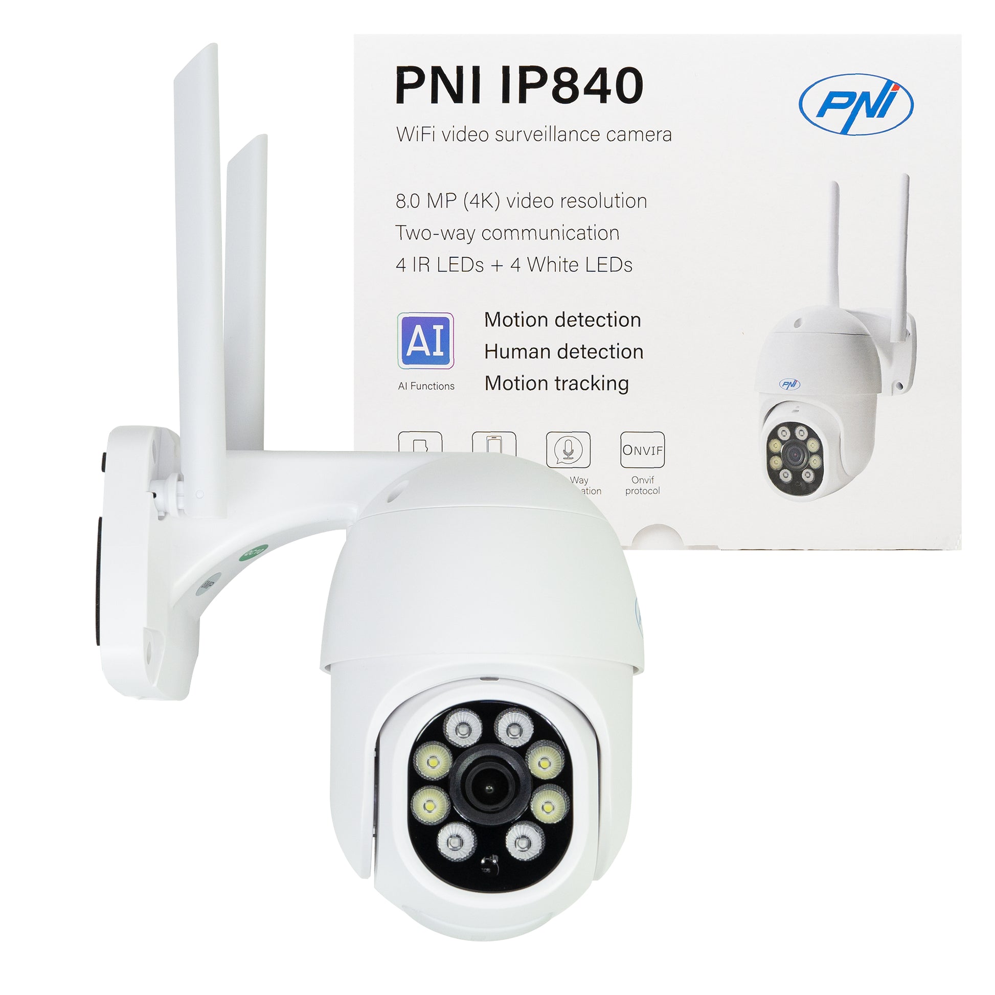 Camera supraveghere video wireless PNI IP840 WiFi, PTZ, 8MP 4K, slot micro SD, stand-alone, functii AI, ONVIF, ICSee app