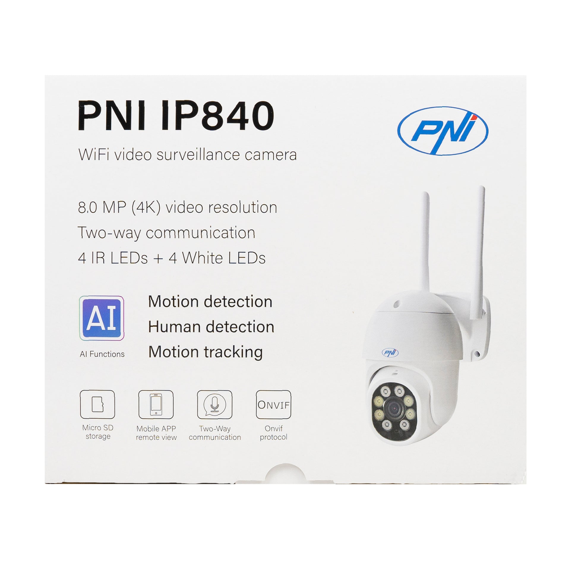 Camera supraveghere video wireless PNI IP840 WiFi, PTZ, 8MP 4K, slot micro SD, stand-alone, functii AI, ONVIF, ICSee app