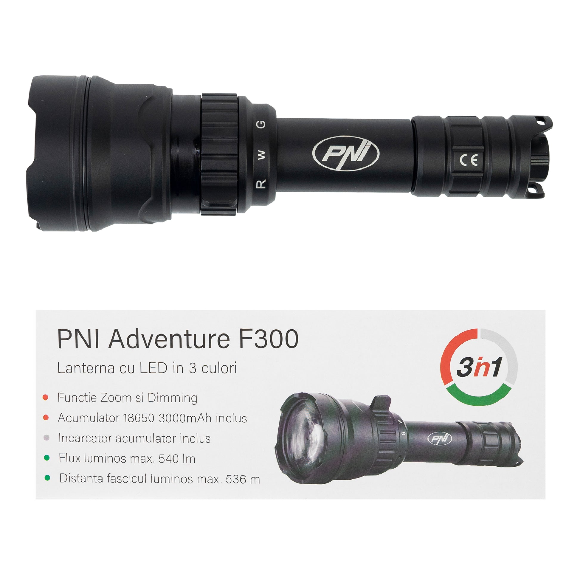 Lanterna PNI Adventure F300 cu LED in 3 culori, alb, rosu, verde, max. 10W, IPX6, distanta 536 m, flux luminos 540 lm, acumulator 18650 3000mAh inclus, incarcator pentru acumulator inclus, functie zoom si dimming