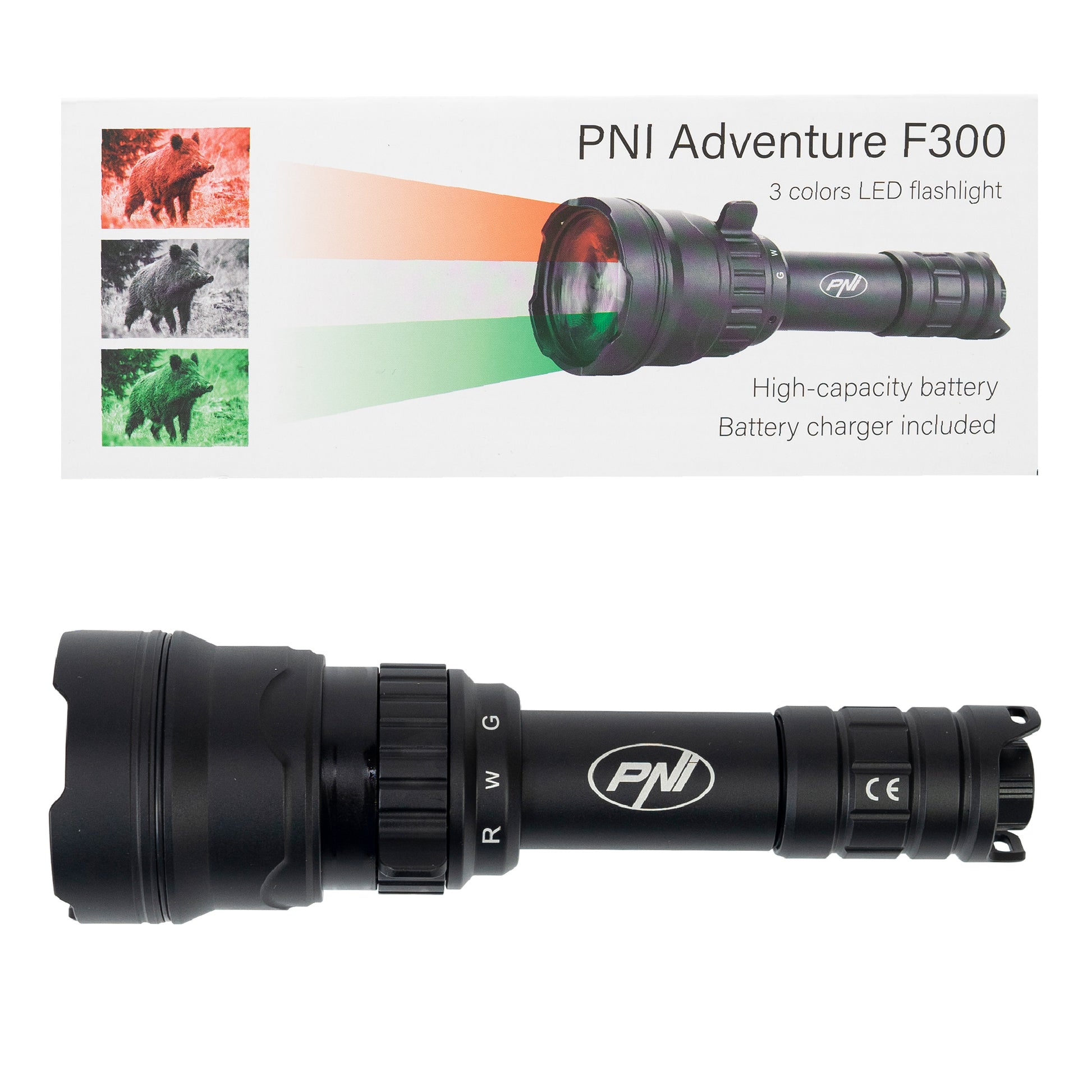 Lanterna PNI Adventure F300 cu LED in 3 culori, alb, rosu, verde, max. 10W, IPX6, distanta 536 m, flux luminos 540 lm, acumulator 18650 3000mAh inclus, incarcator pentru acumulator inclus, functie zoom si dimming