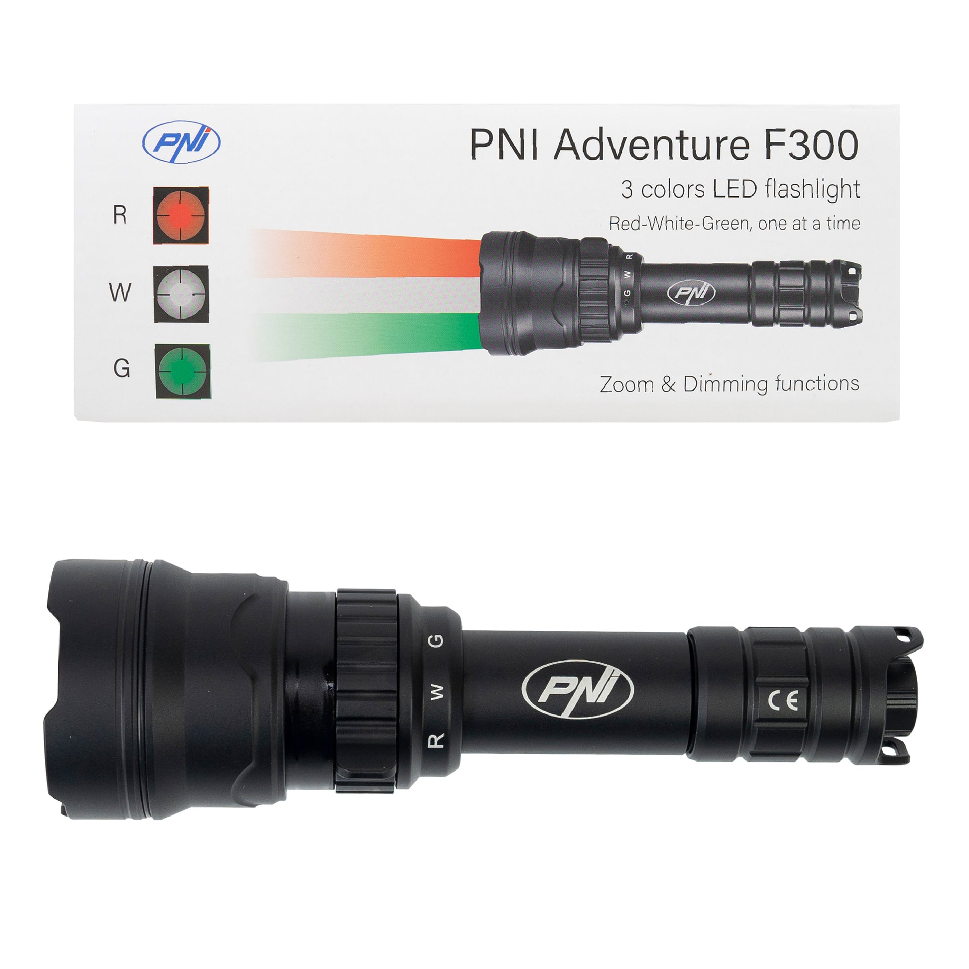 Lanterna PNI Adventure F300 cu LED in 3 culori, alb, rosu, verde, max. 10W, IPX6, distanta 536 m, flux luminos 540 lm, acumulator 18650 3000mAh inclus, incarcator pentru acumulator inclus, functie zoom si dimming