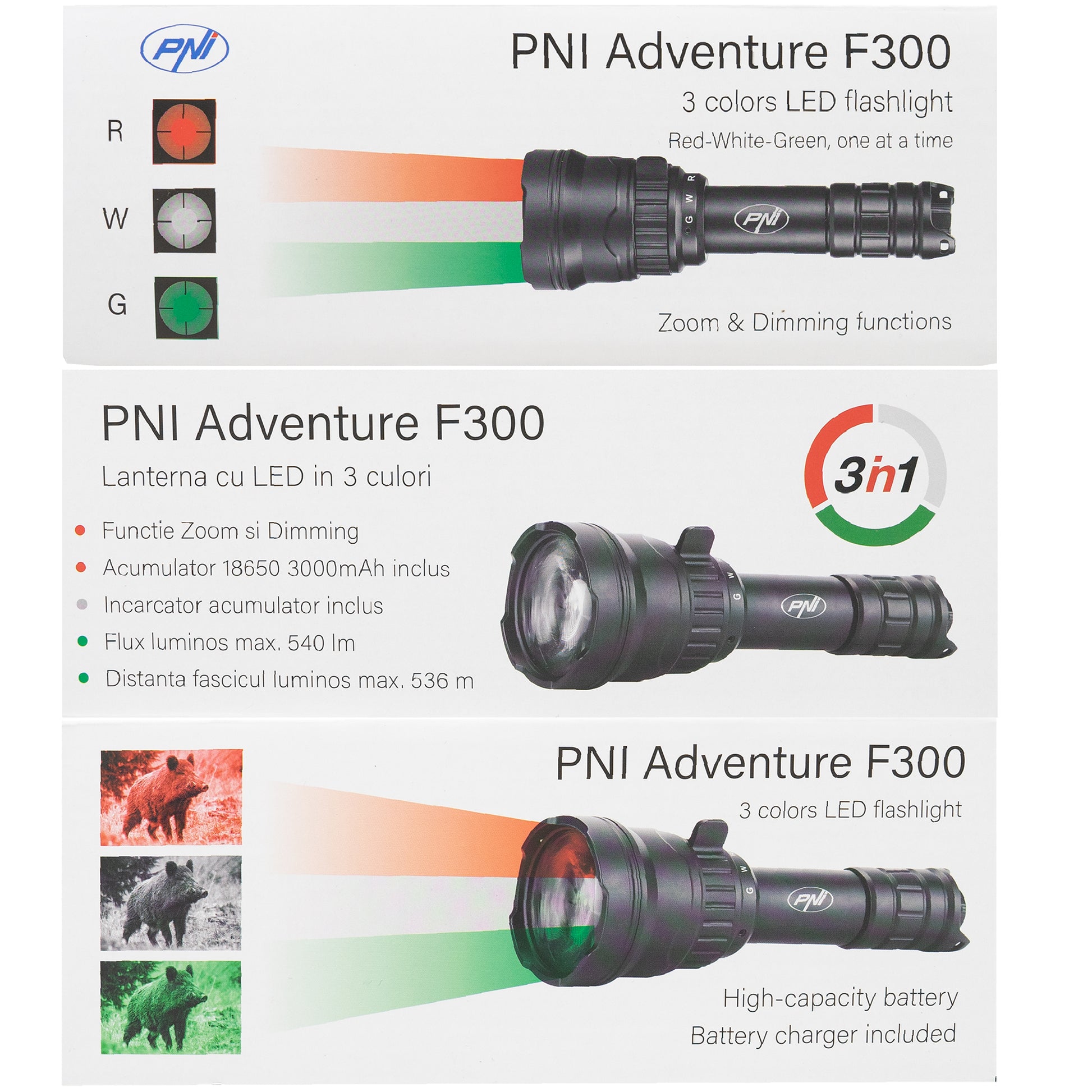 Lanterna PNI Adventure F300 cu LED in 3 culori, alb, rosu, verde, max. 10W, IPX6, distanta 536 m, flux luminos 540 lm, acumulator 18650 3000mAh inclus, incarcator pentru acumulator inclus, functie zoom si dimming