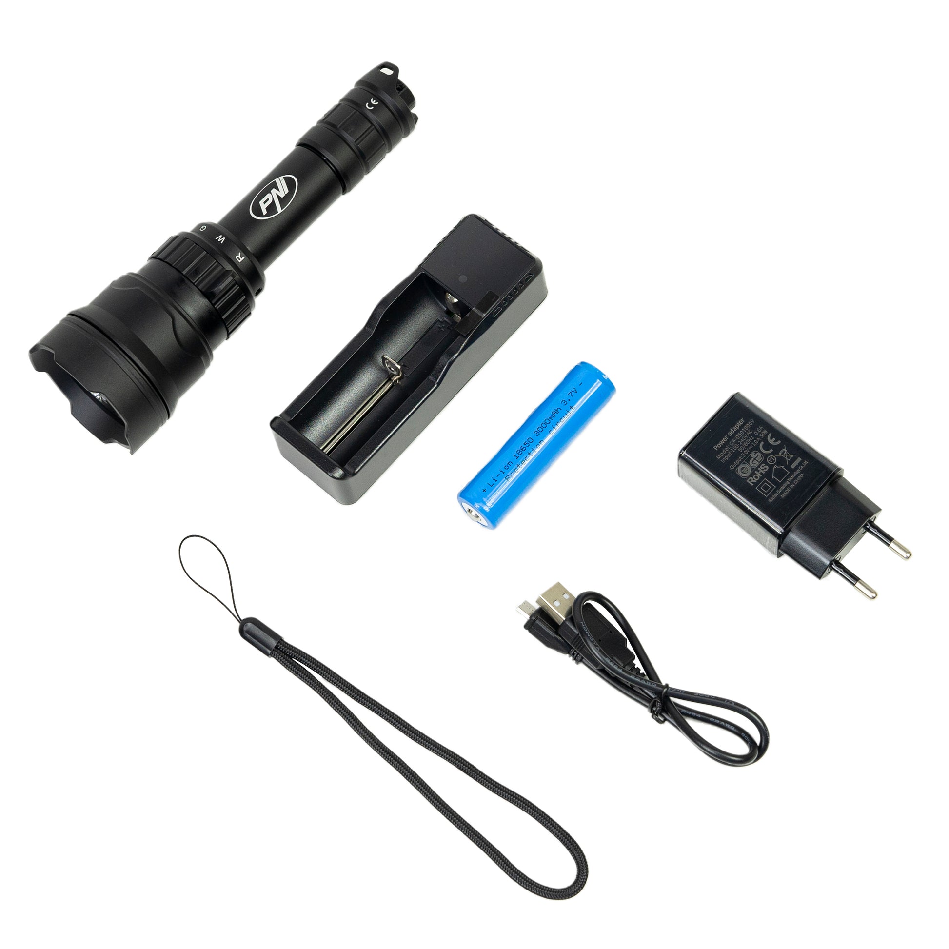 Lanterna PNI Adventure F300 cu LED in 3 culori, alb, rosu, verde, max. 10W, IPX6, distanta 536 m, flux luminos 540 lm, acumulator 18650 3000mAh inclus, incarcator pentru acumulator inclus, functie zoom si dimming