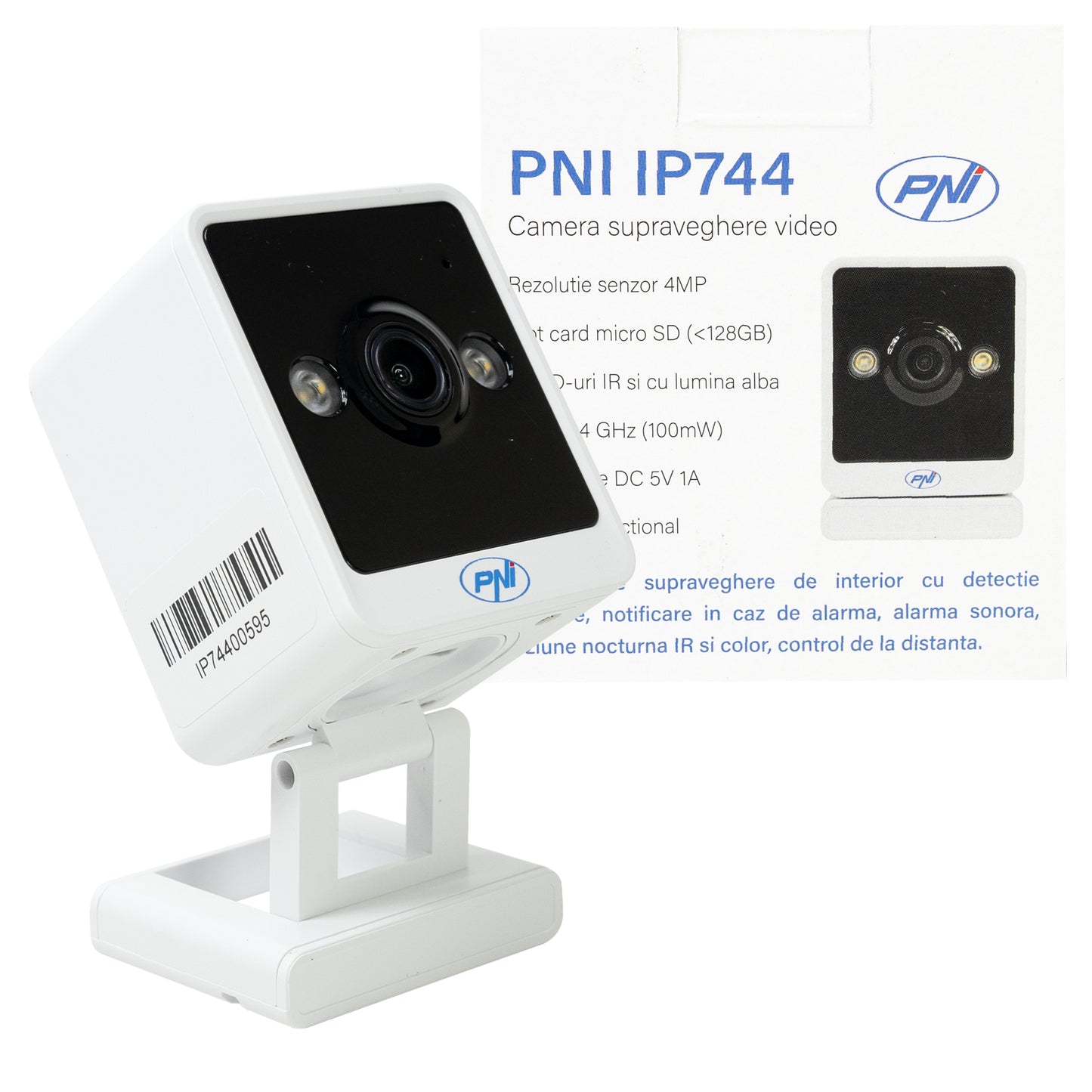 Camera supraveghere video PNI IP744 4MP cu IP, detectie miscare, audio bidirectional, slot card micro SD, unghi larg, control din aplicatie, imagine color pe timp de noapte, interior si exterior
