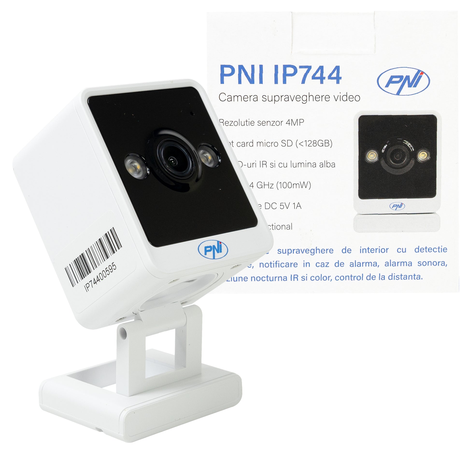 Camera supraveghere video PNI IP744 4MP cu IP, detectie miscare, audio bidirectional, slot card micro SD, unghi larg, control din aplicatie, imagine color pe timp de noapte, interior si exterior