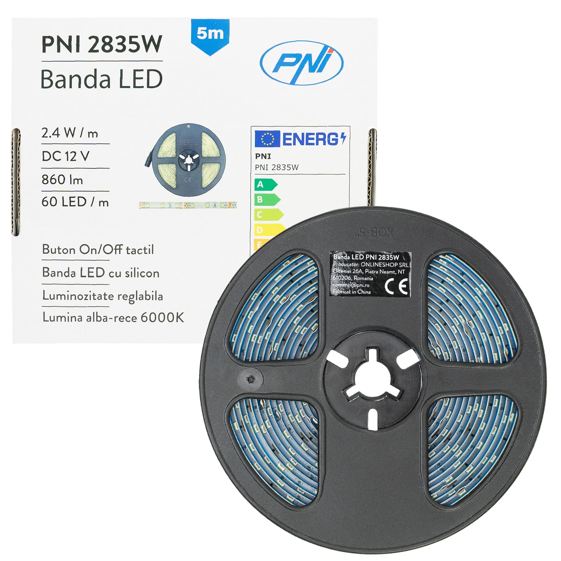 Banda LED PNI 2835W, 300 LED-uri, alb rece 6000K, 860lm, dimabil, buton touch, alimentator 230V, silicon, 5 metri, IP65