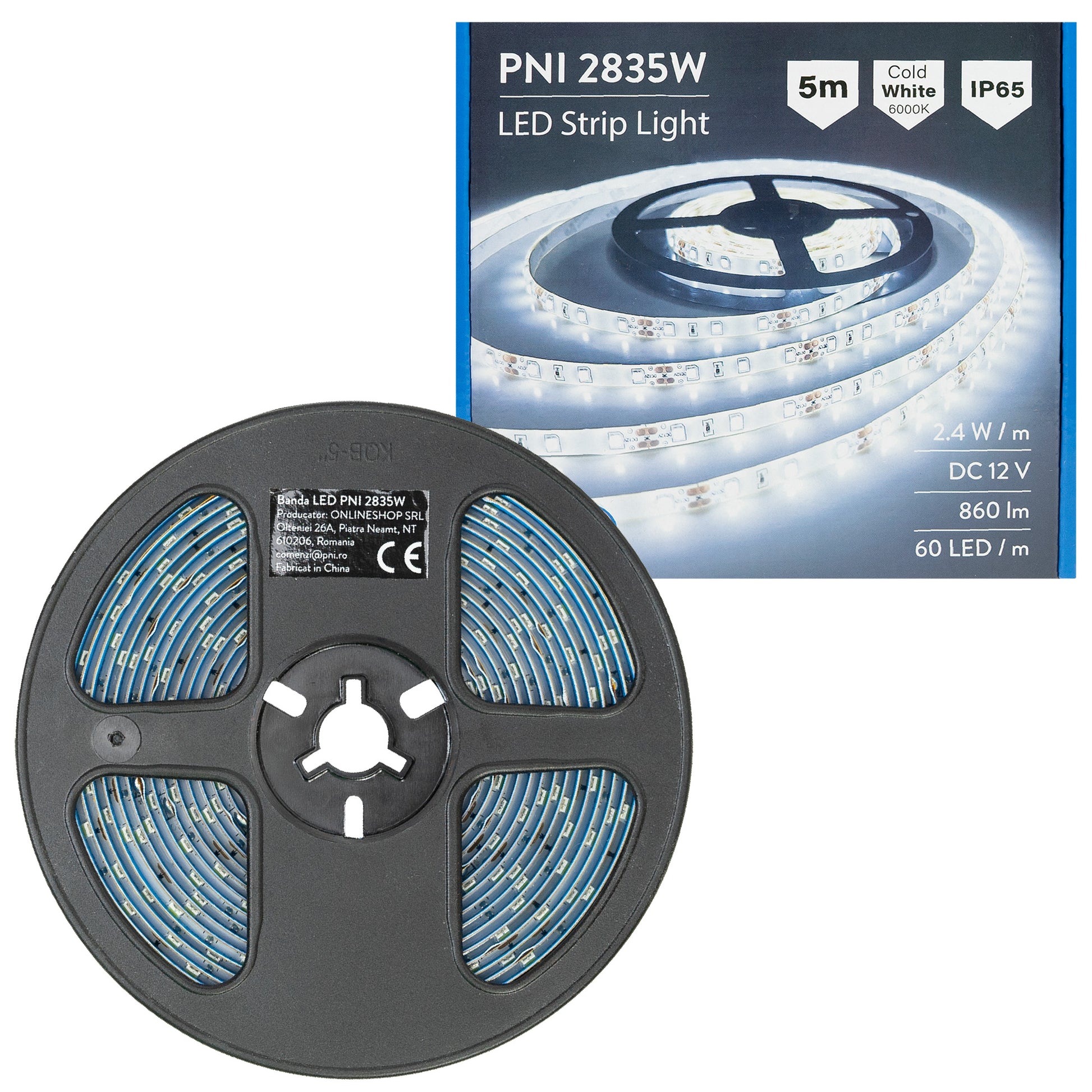 Banda LED PNI 2835W, 300 LED-uri, alb rece 6000K, 860lm, dimabil, buton touch, alimentator 230V, silicon, 5 metri, IP65