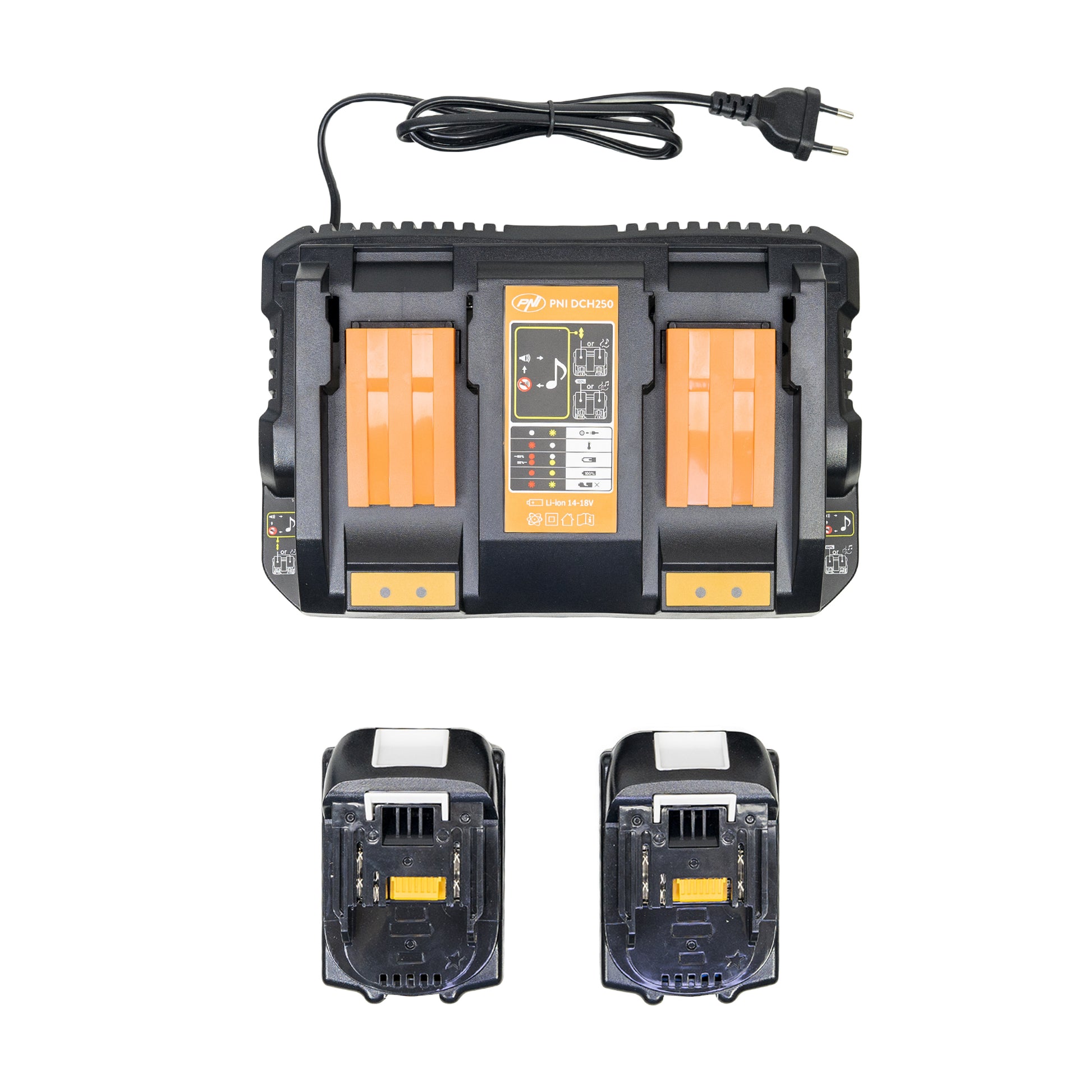 Kit incarcator dublu cu acumulatori PNI DCH250, include 2 acumulatori 18V 5Ah
