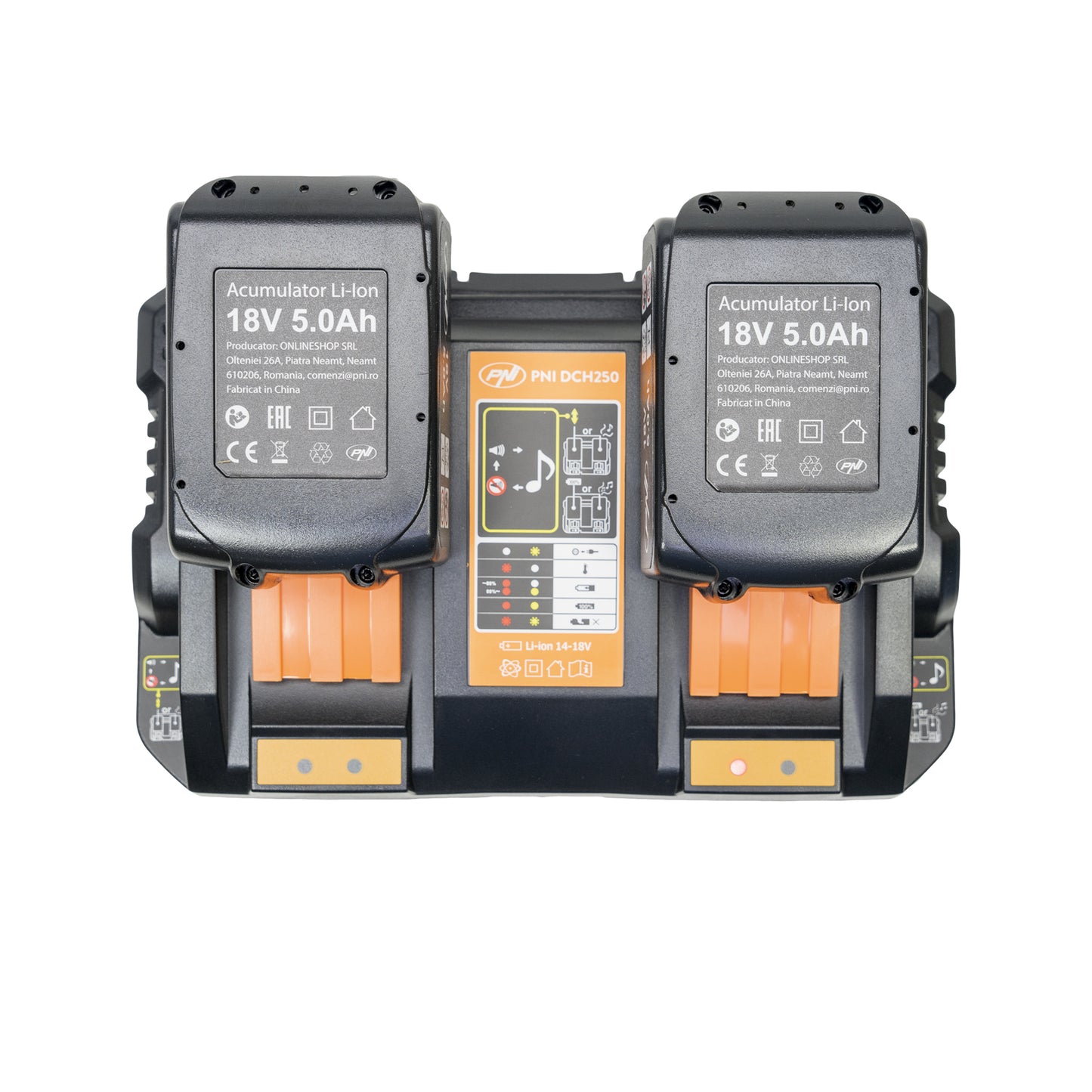 Kit incarcator dublu cu acumulatori PNI DCH250, include 2 acumulatori 18V 5Ah