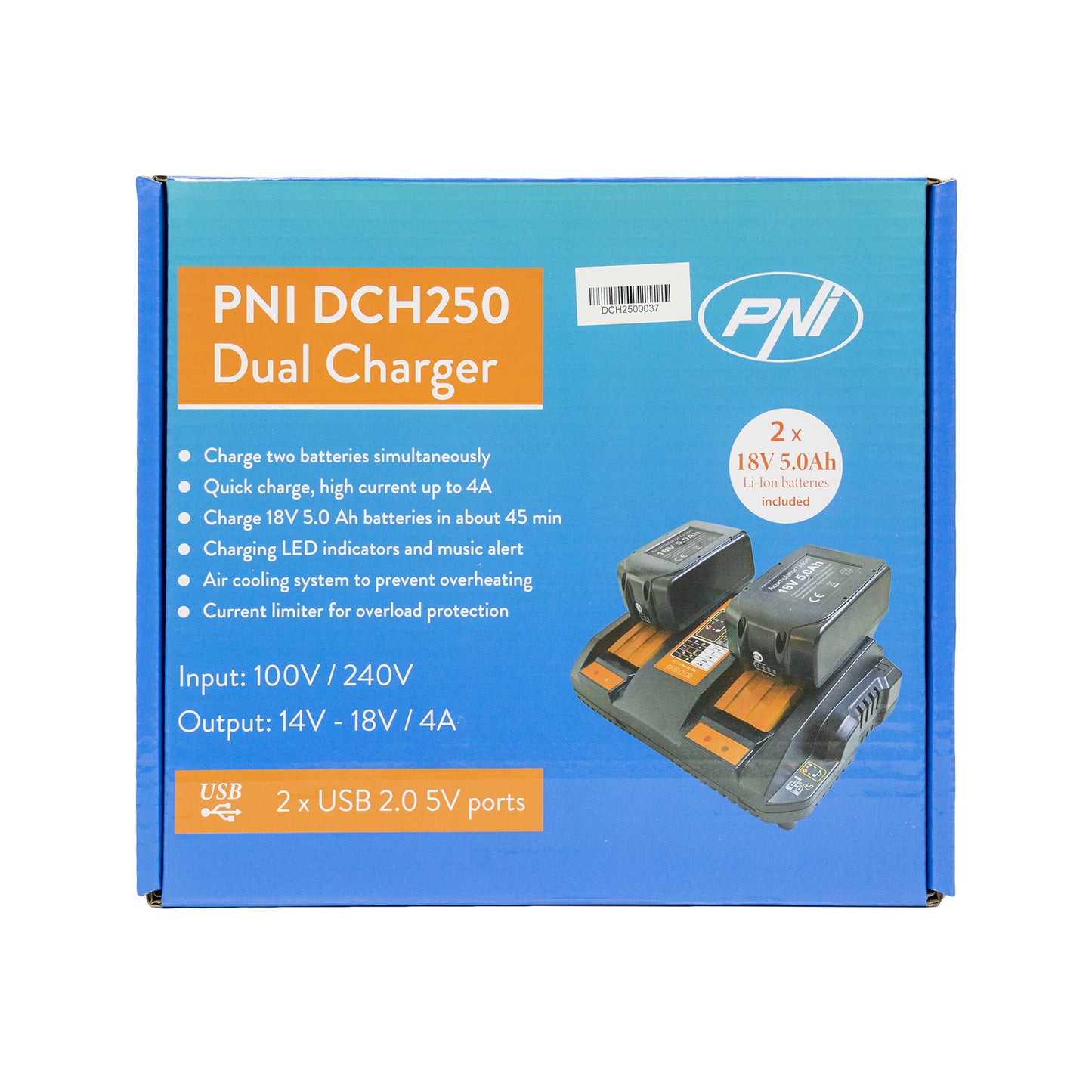 Kit incarcator dublu cu acumulatori PNI DCH250, include 2 acumulatori 18V 5Ah