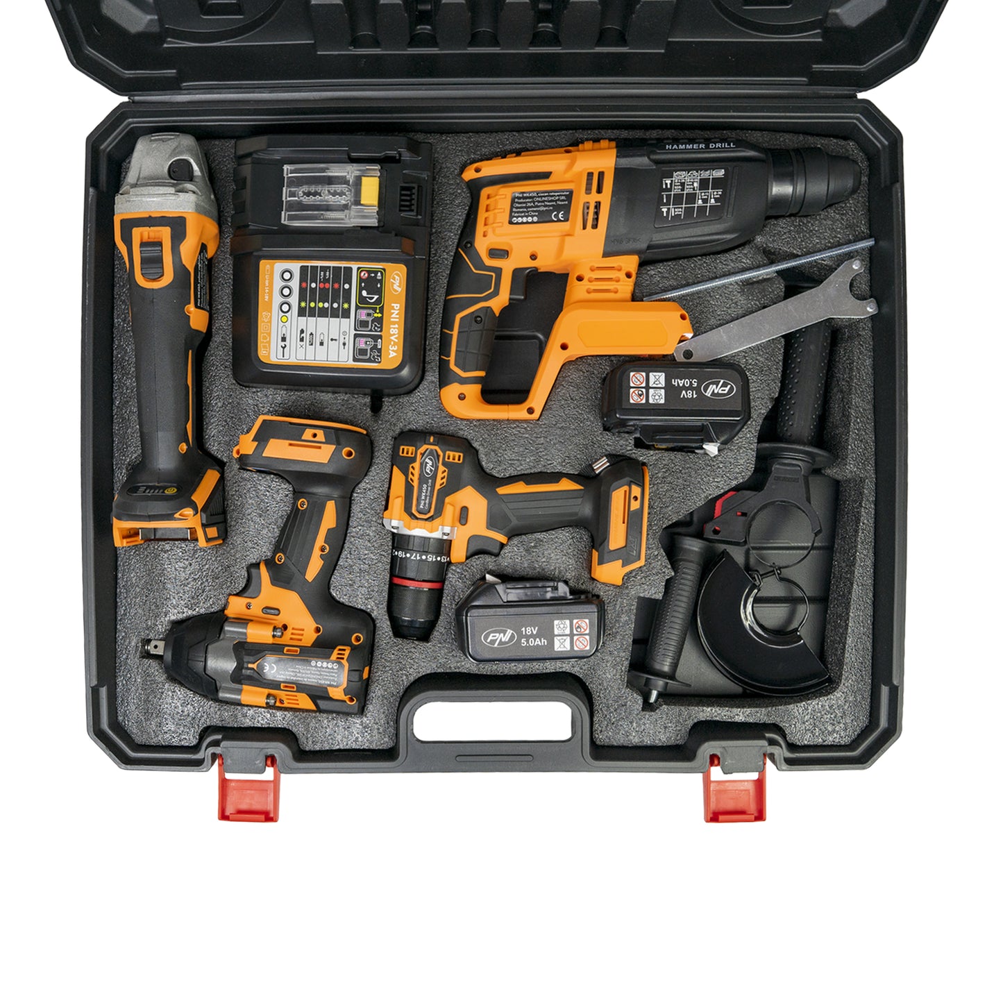 Set scule electrice PNI WK450 cu 2 acumulatori 18V 5.0Ah, incarcator inclus, brushless