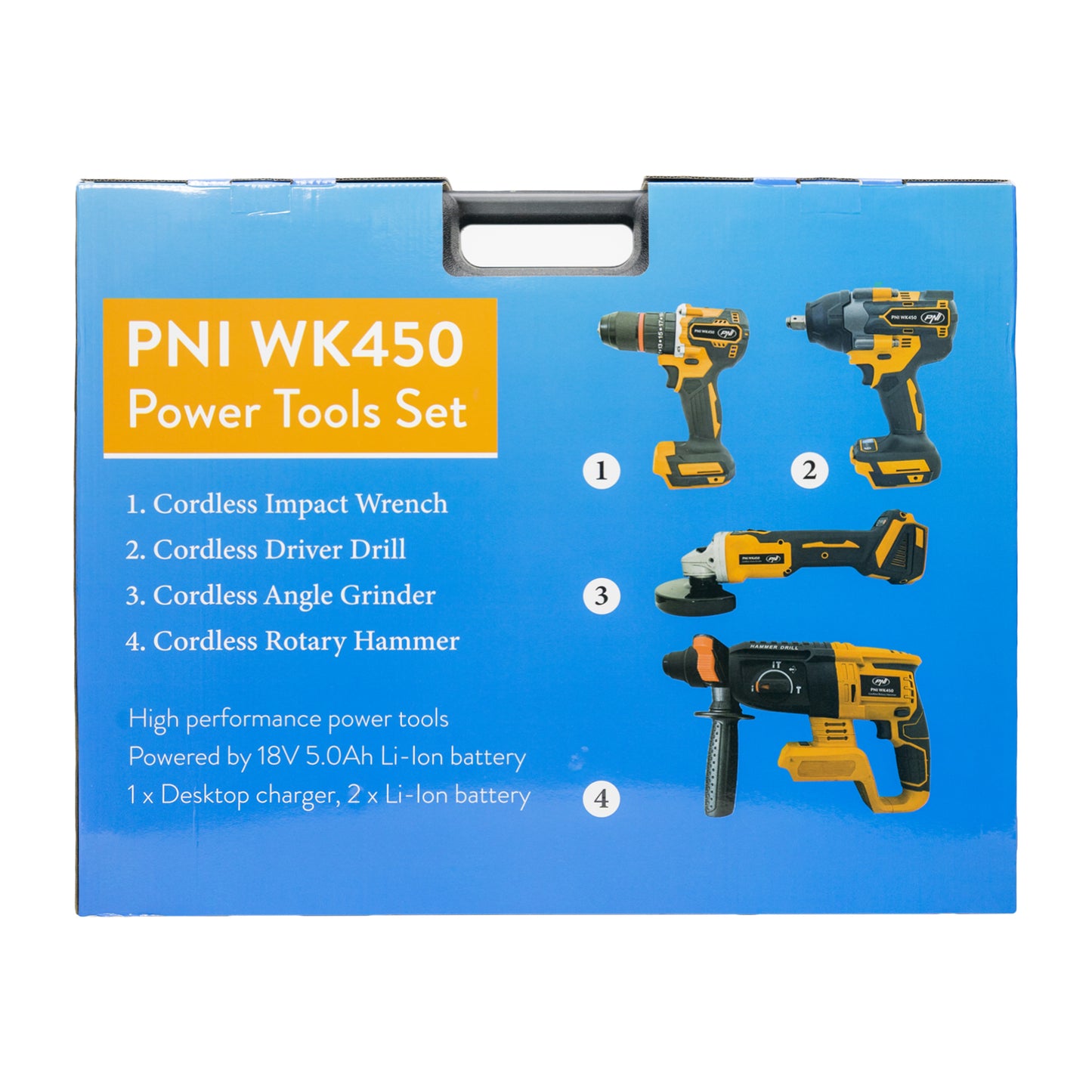 Set scule electrice PNI WK450 cu 2 acumulatori 18V 5.0Ah, incarcator inclus, brushless