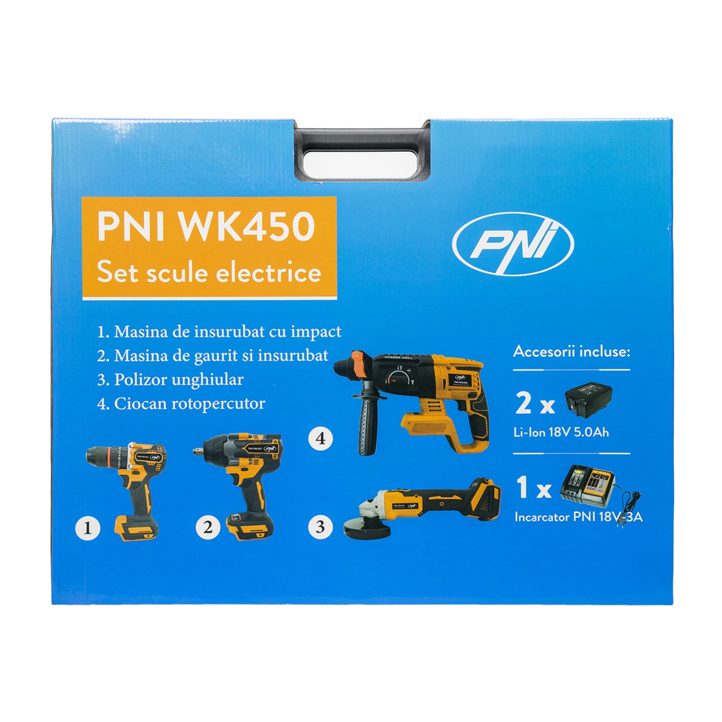 Set scule electrice PNI WK450 cu 2 acumulatori 18V 5.0Ah, incarcator inclus, brushless