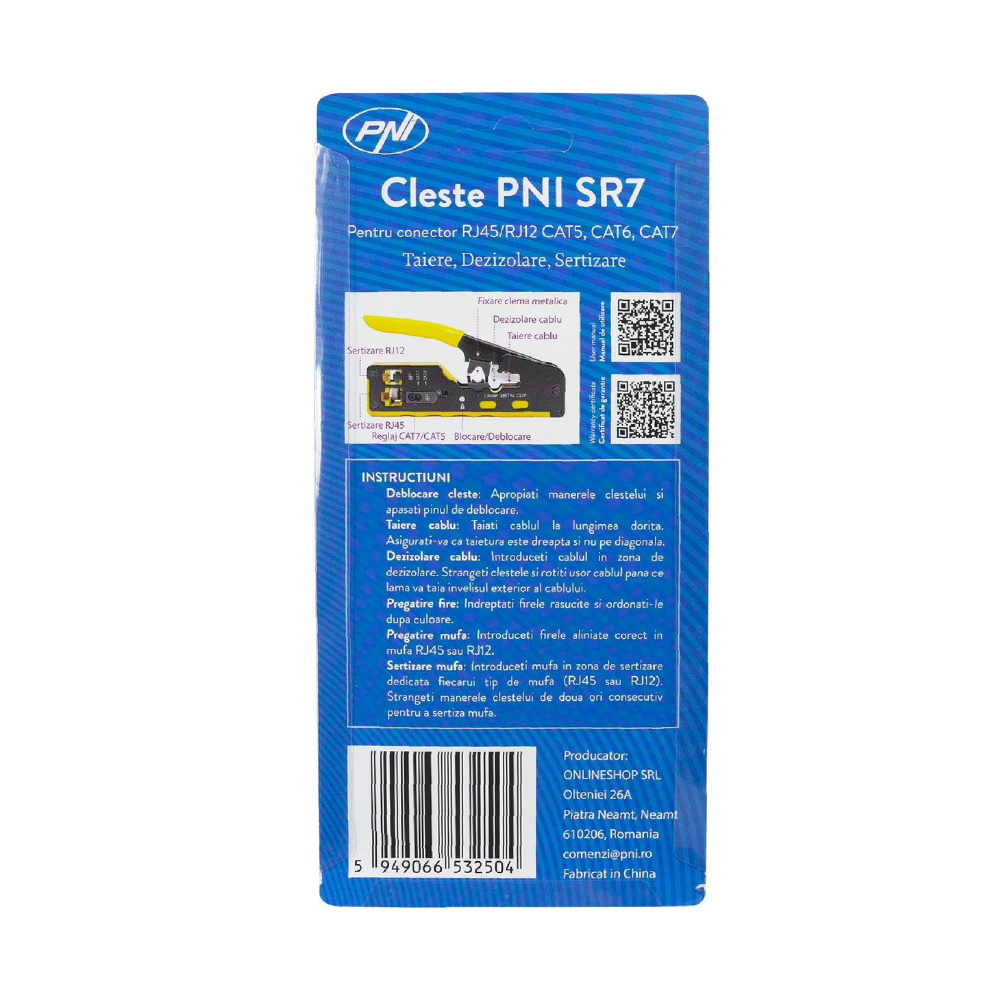 Cleste PNI SR7 pentru taiat, dezizolat cablu si sertizat mufe RJ12, RJ45 CAT5, CAT6, CAT7 CAT8 galben