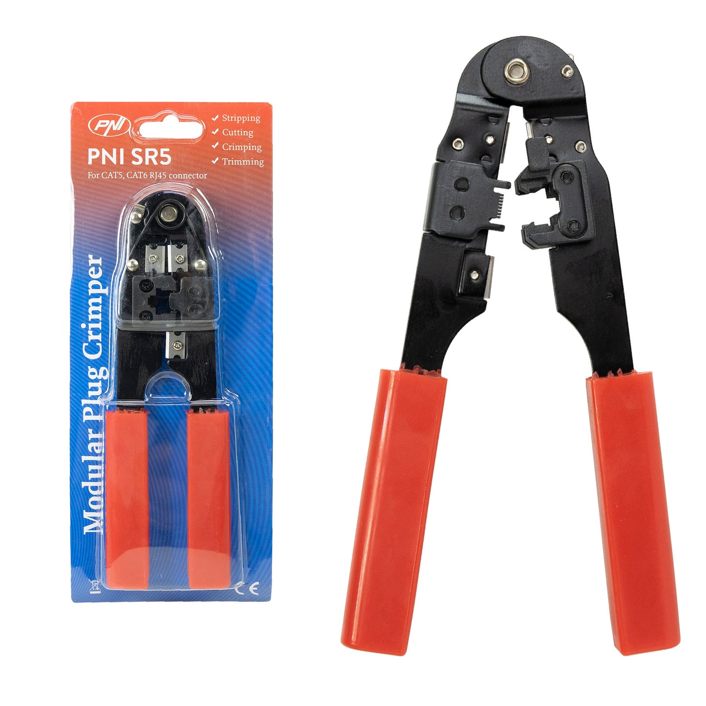 Cleste PNI SR5 pentru taiat, dezizolat cablu si sertizat mufe RJ45 CAT5, CAT6, rosu