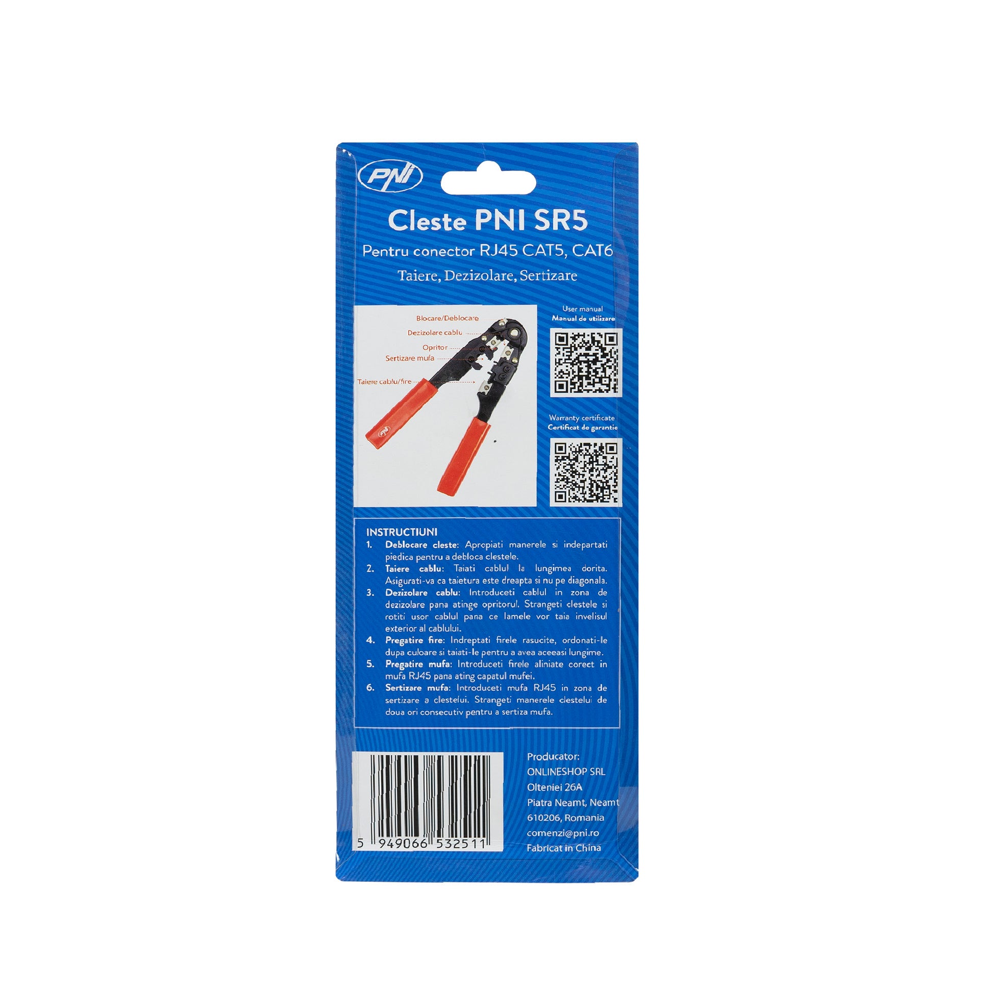 Cleste PNI SR5 pentru taiat, dezizolat cablu si sertizat mufe RJ45 CAT5, CAT6, rosu