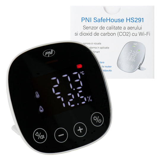 Senzor de calitate a aerului si dioxid de carbon (CO2) PNI SafeHouse HS291 cu Wi-Fi, control din aplicatia Tuya Smart, monitorizare CO2, temperatura, umiditate, afisare data ora, meniu setari, acumulator de backup, alarma sonora si vizuala