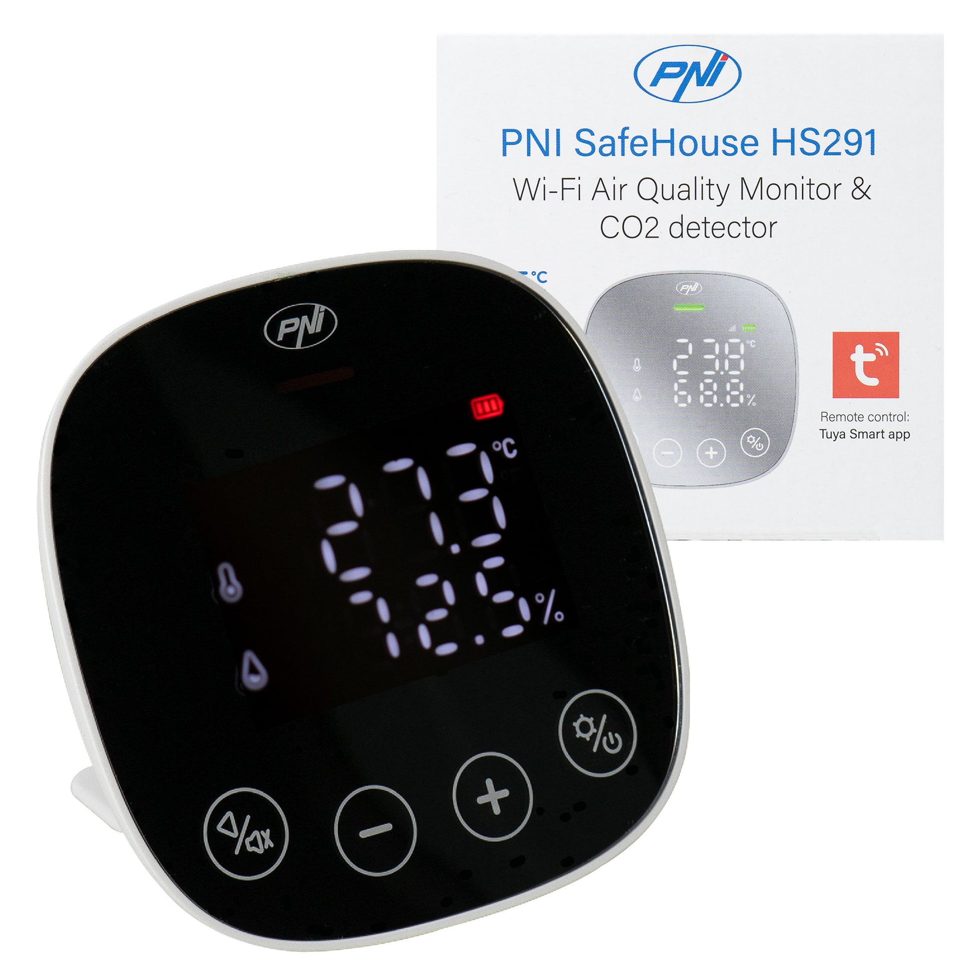 Senzor de calitate a aerului si dioxid de carbon (CO2) PNI SafeHouse HS291 cu Wi-Fi, control din aplicatia Tuya Smart, monitorizare CO2, temperatura, umiditate, afisare data ora, meniu setari, acumulator de backup, alarma sonora si vizuala