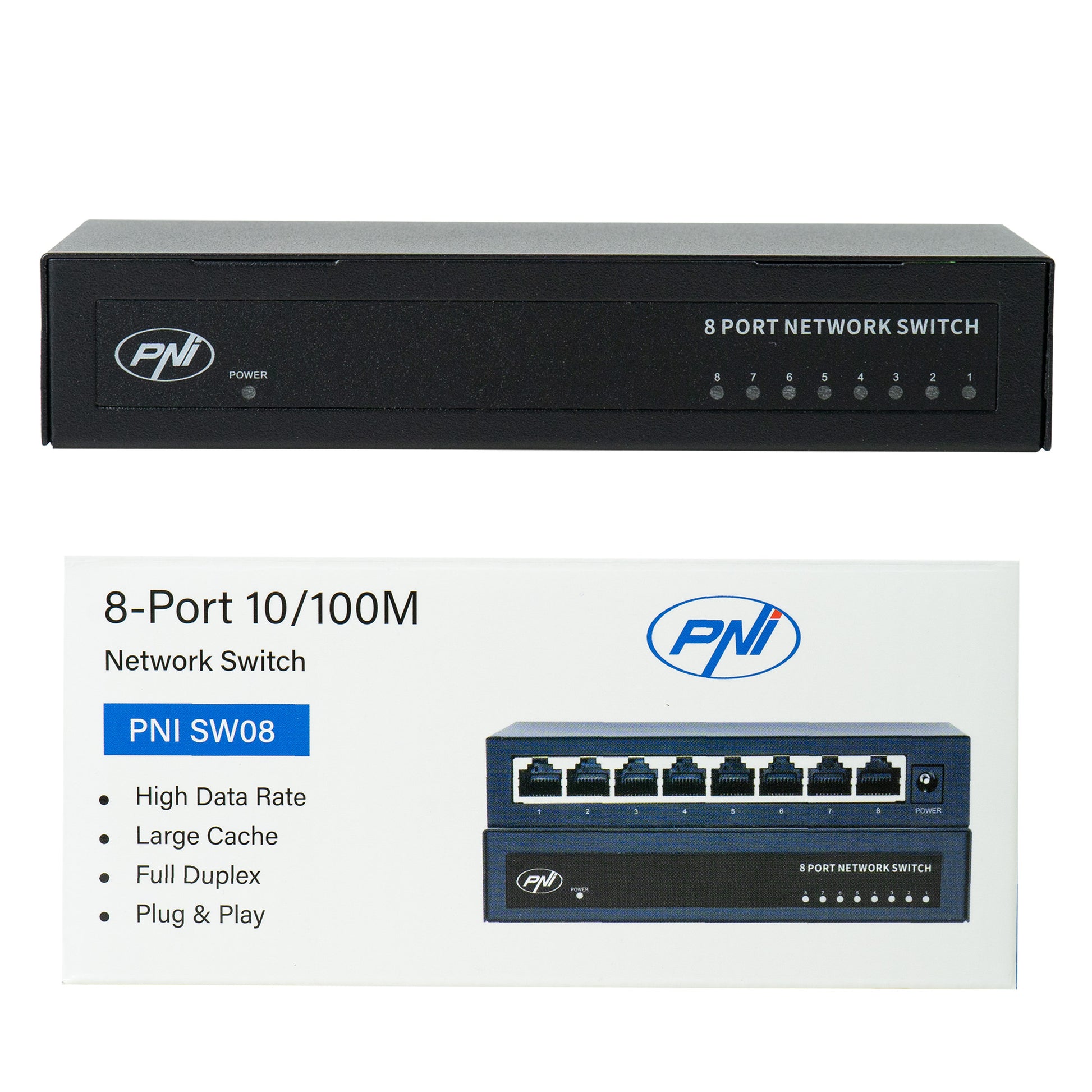 Switch PNI SW08 cu 8 porturi 10/100 Mbps, carcasa metalica, fara ventilator, plug & play, protectie fulger 4KV