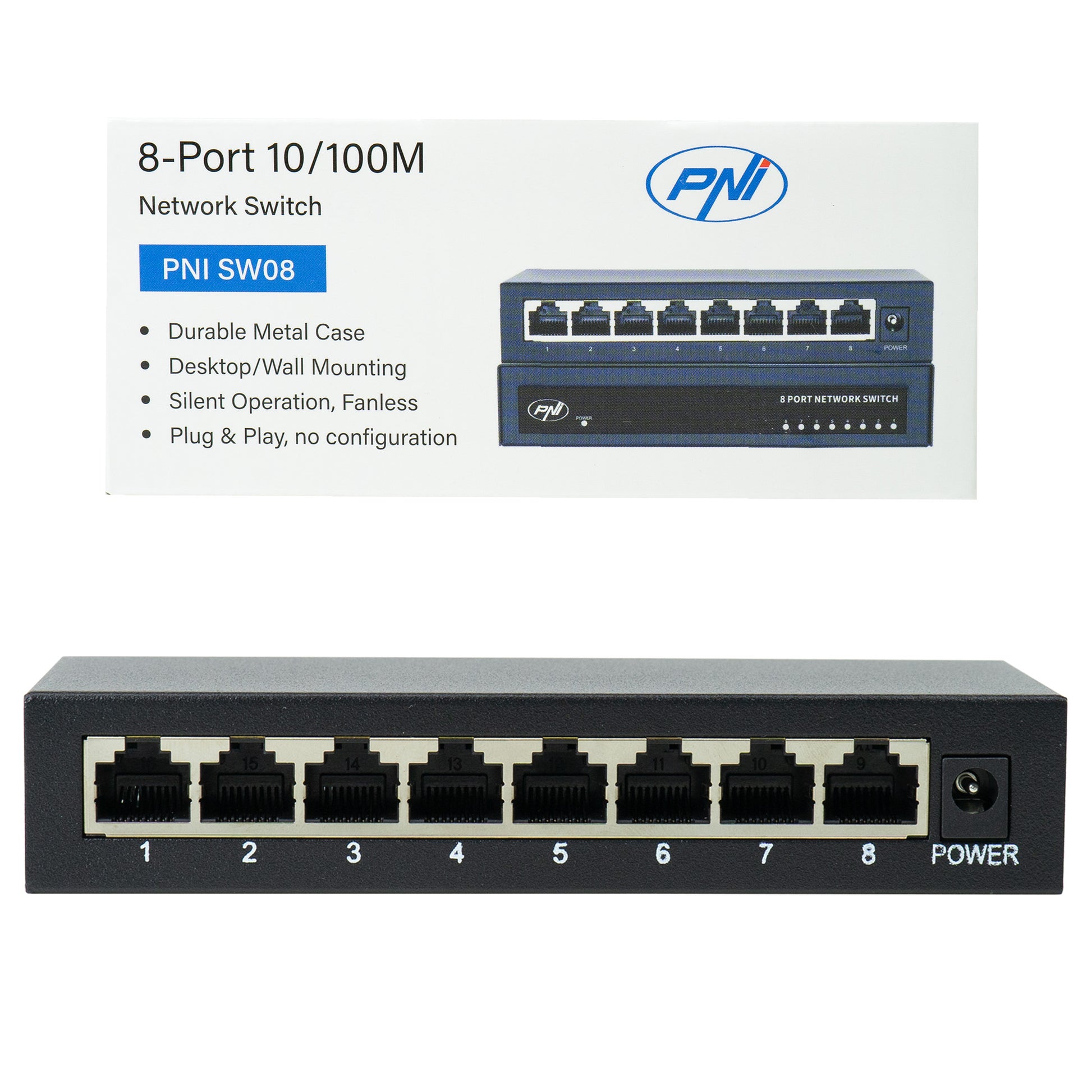 Switch PNI SW08 cu 8 porturi 10/100 Mbps, carcasa metalica, fara ventilator, plug & play, protectie fulger 4KV