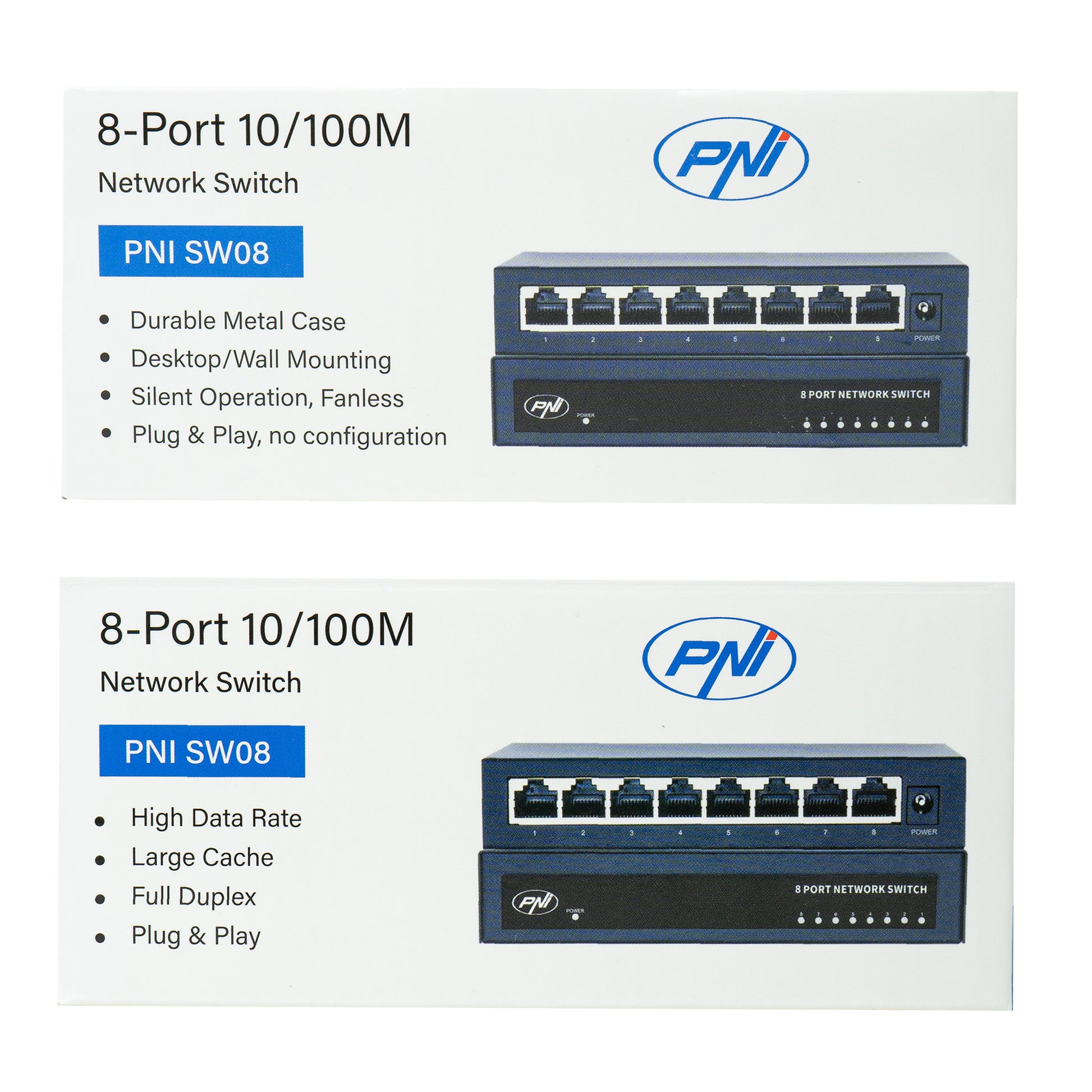 Switch PNI SW08 cu 8 porturi 10/100 Mbps, carcasa metalica, fara ventilator, plug & play, protectie fulger 4KV
