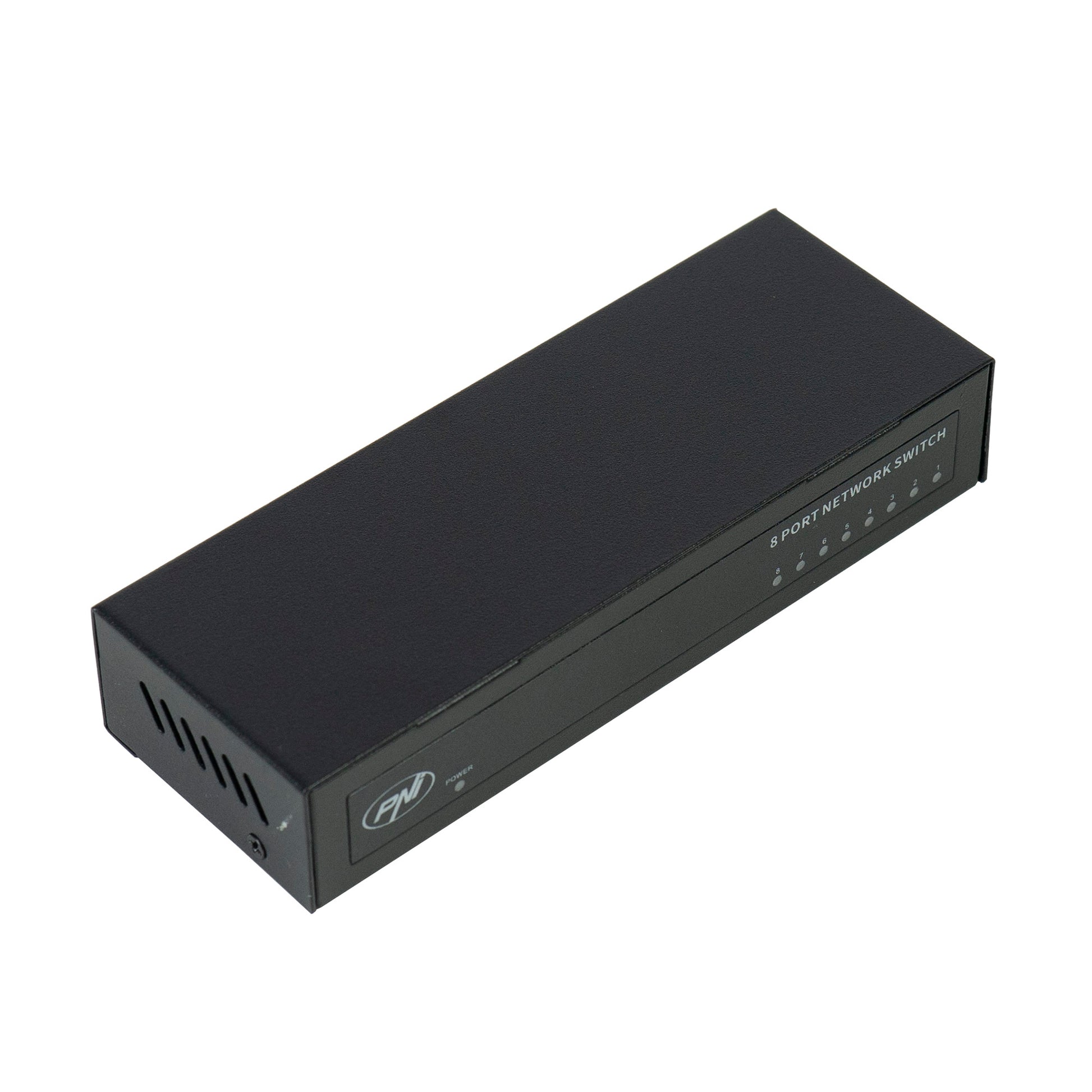 Switch PNI SW08 cu 8 porturi 10/100 Mbps, carcasa metalica, fara ventilator, plug & play, protectie fulger 4KV