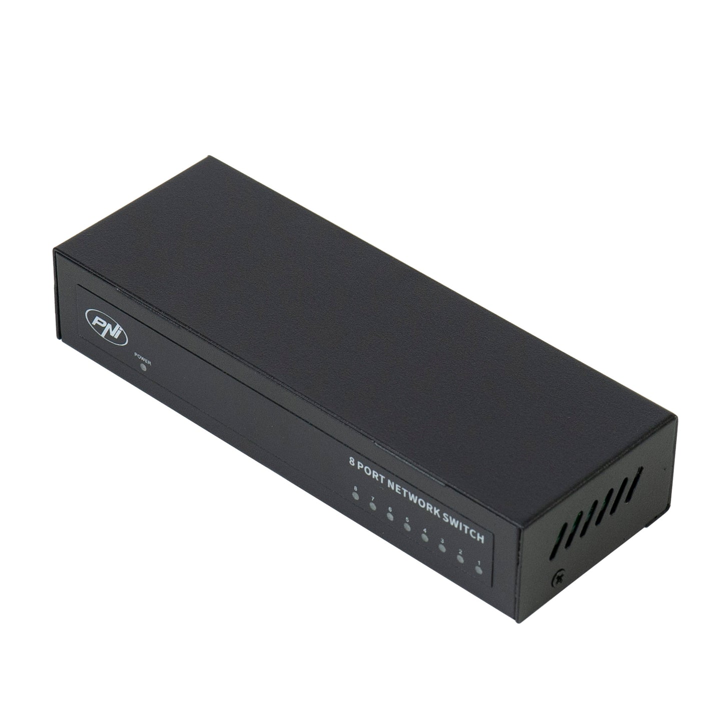 Switch PNI SW08 cu 8 porturi 10/100 Mbps, carcasa metalica, fara ventilator, plug & play, protectie fulger 4KV