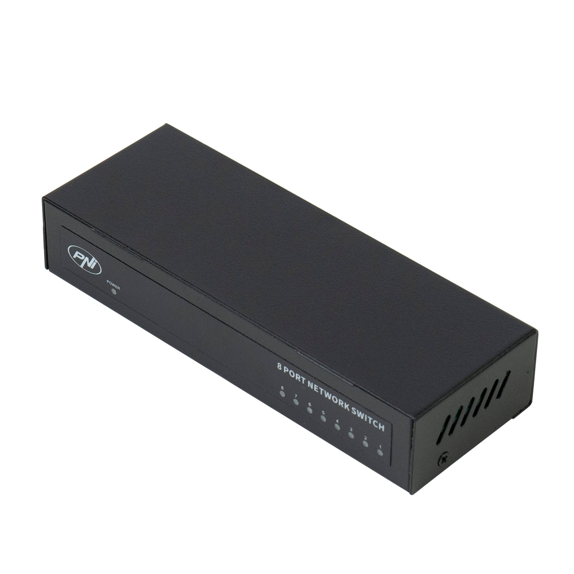 Switch PNI SW08 cu 8 porturi 10/100 Mbps, carcasa metalica, fara ventilator, plug & play, protectie fulger 4KV