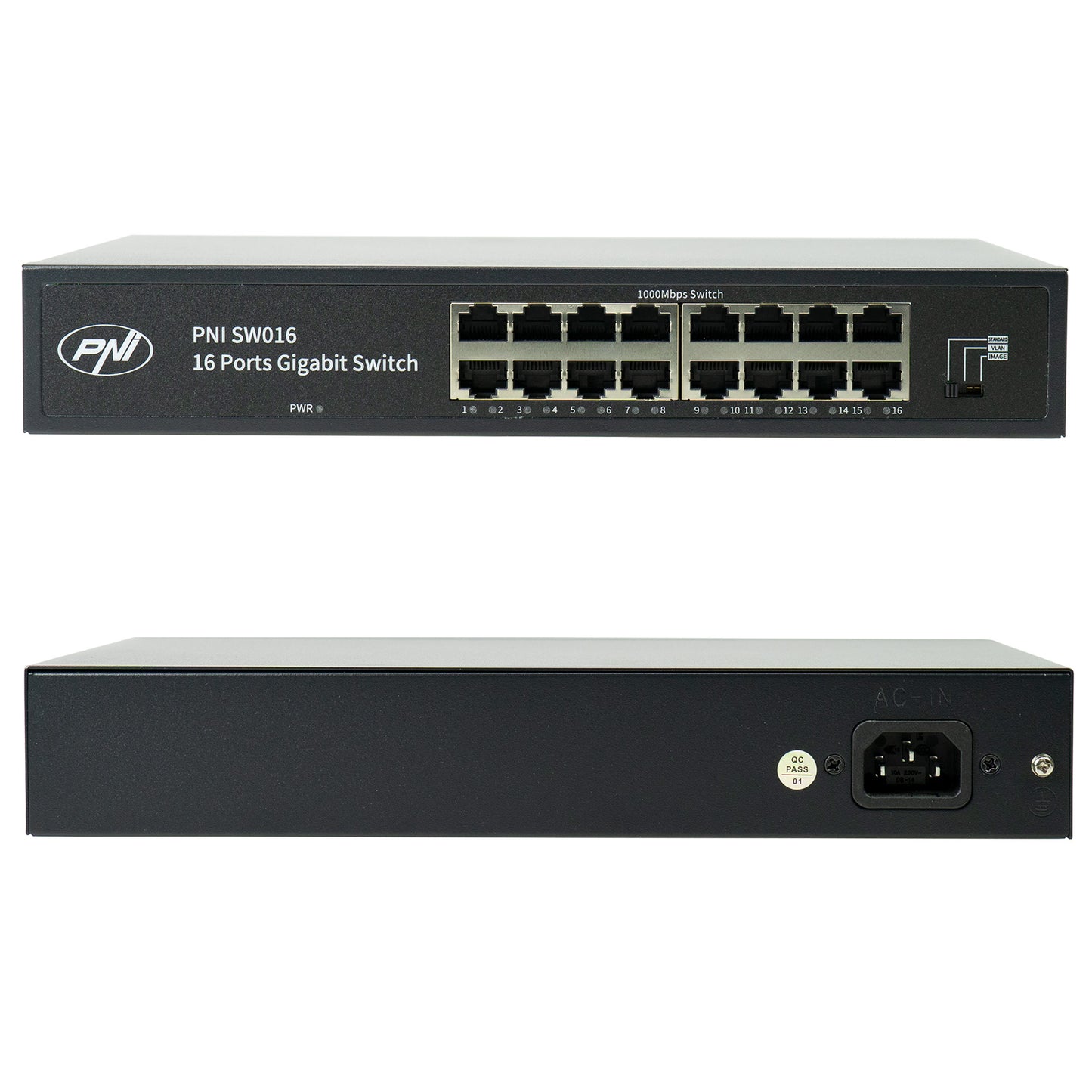 Switch PNI SW016, 16 x 10/100/1000 Mbps, Gigabit, carcasa metalica, fara ventilator, plug & play, protectie fulger 4KV