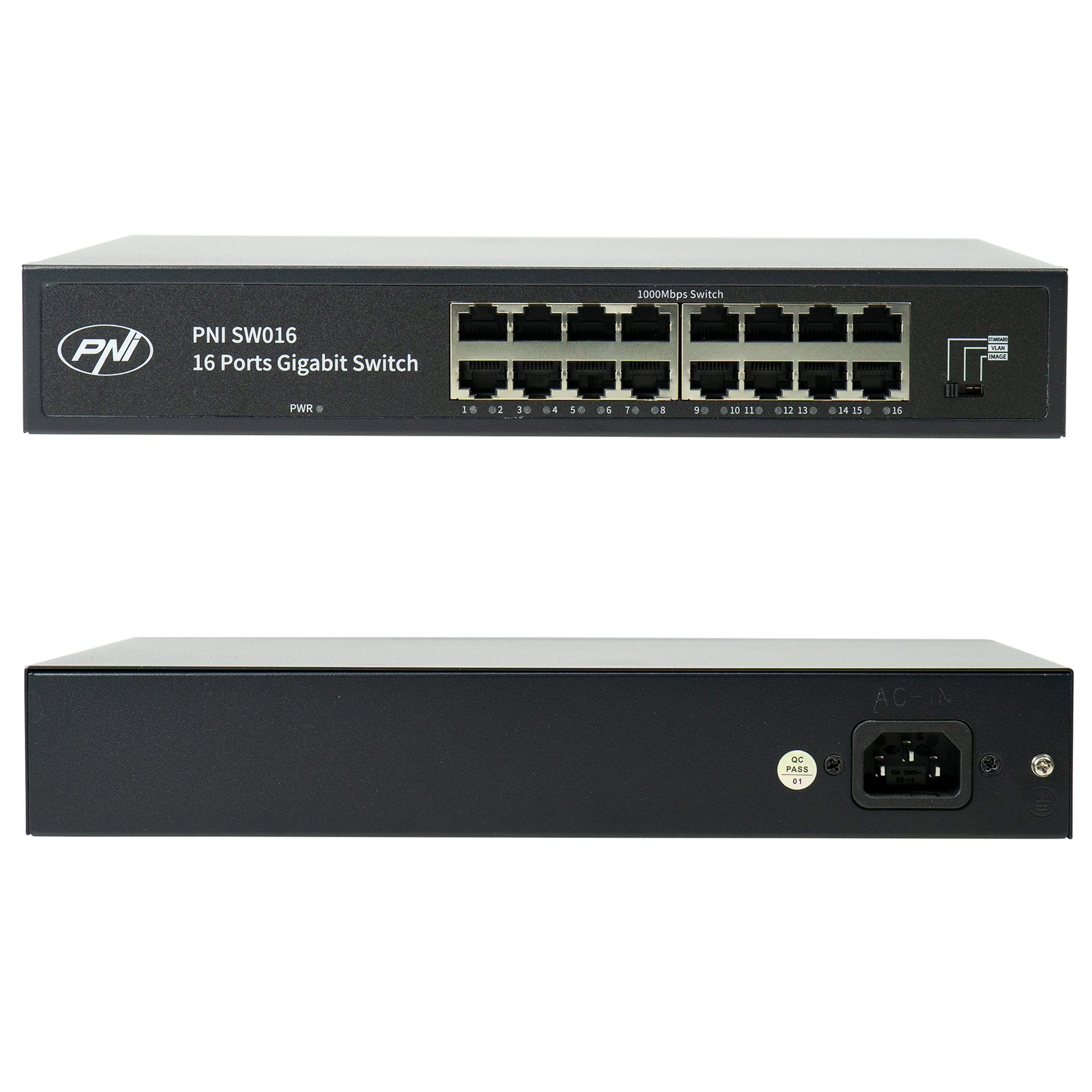 Switch PNI SW016, 16 x 10/100/1000 Mbps, Gigabit, carcasa metalica, fara ventilator, plug & play, protectie fulger 4KV