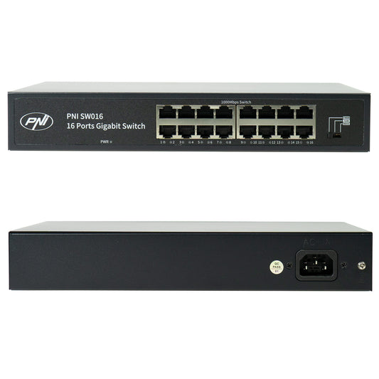 Switch PNI SW016, 16 x 10/100/1000 Mbps, Gigabit, carcasa metalica, fara ventilator, plug & play, protectie fulger 4KV