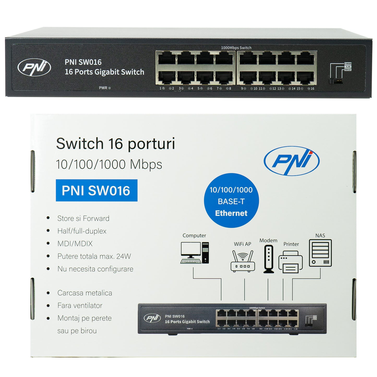 Switch PNI SW016, 16 x 10/100/1000 Mbps, Gigabit, carcasa metalica, fara ventilator, plug & play, protectie fulger 4KV