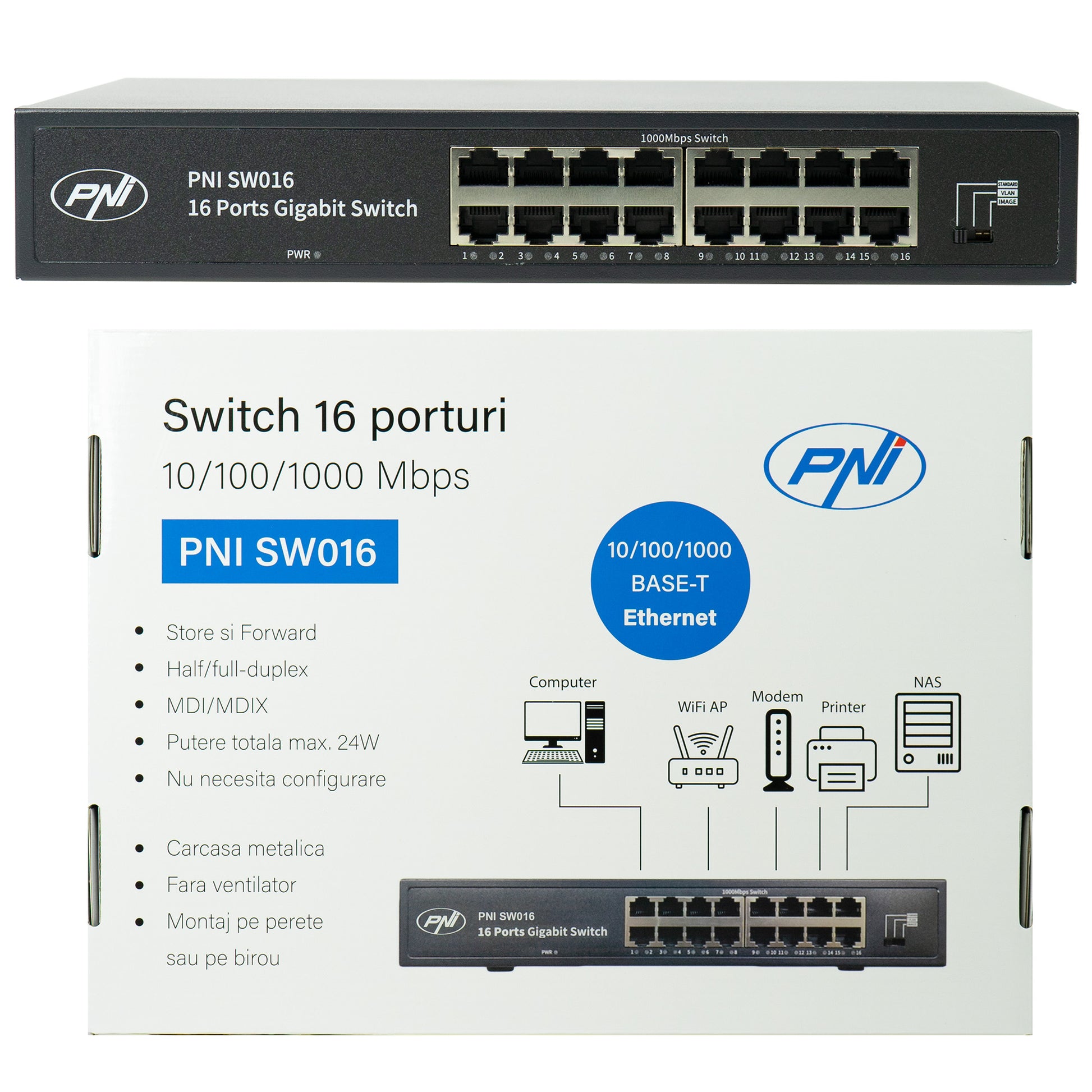 Switch PNI SW016, 16 x 10/100/1000 Mbps, Gigabit, carcasa metalica, fara ventilator, plug & play, protectie fulger 4KV