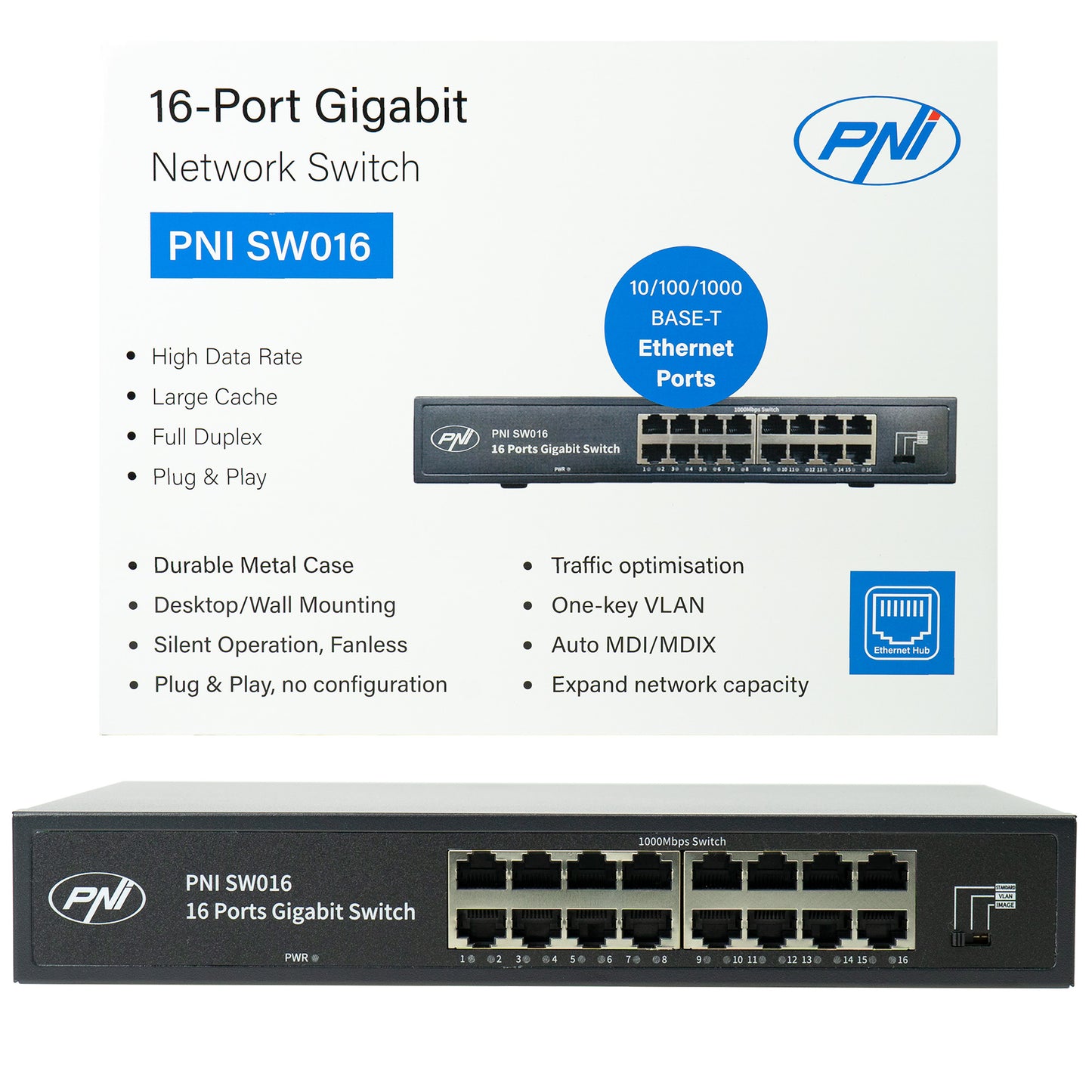 Switch PNI SW016, 16 x 10/100/1000 Mbps, Gigabit, carcasa metalica, fara ventilator, plug & play, protectie fulger 4KV