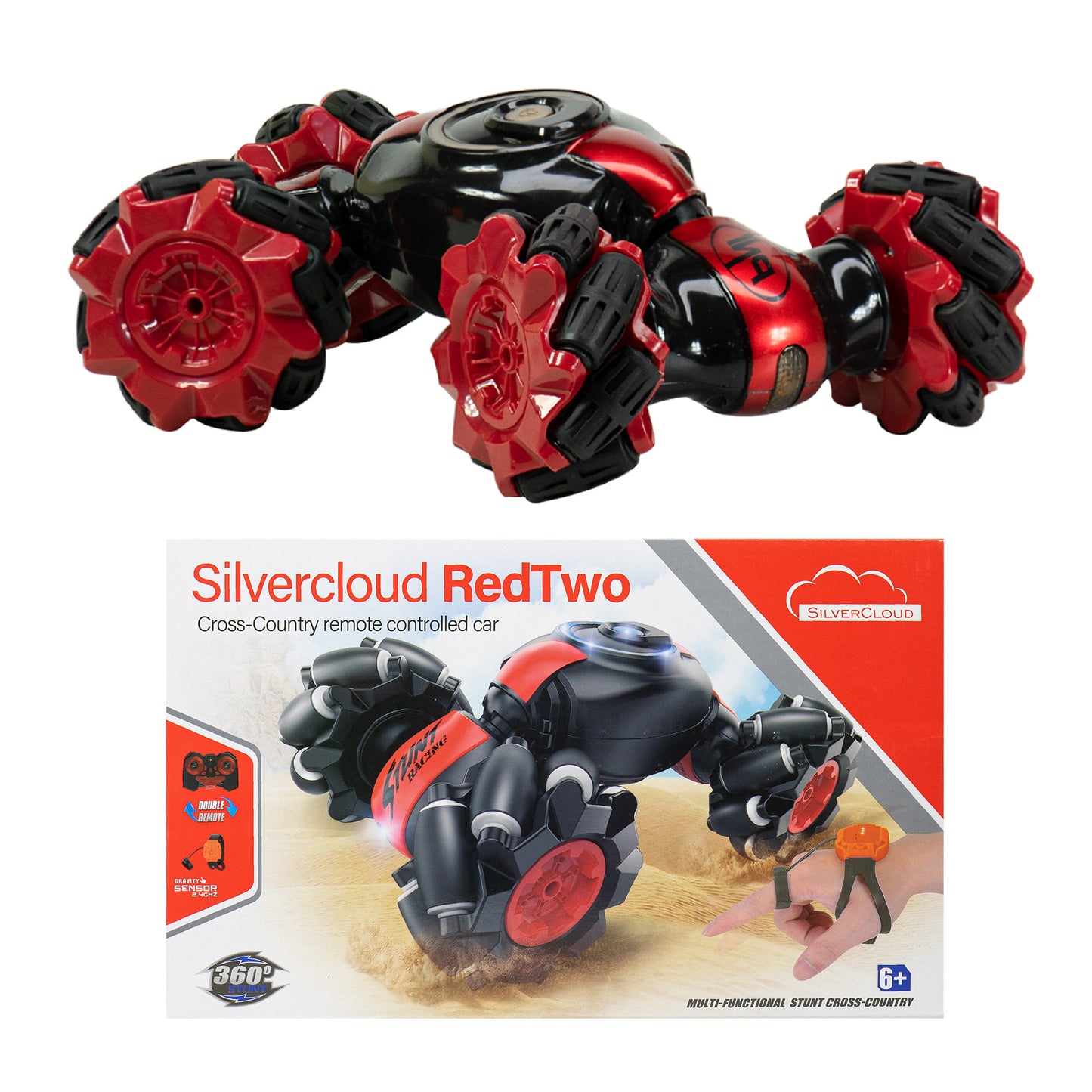 Jucarie masinuta de teren Silvercloud RedTwo, cu telecomanda si controler gestual, schimbare forma, acumulator de rezerva 500mAh inclus, rosu