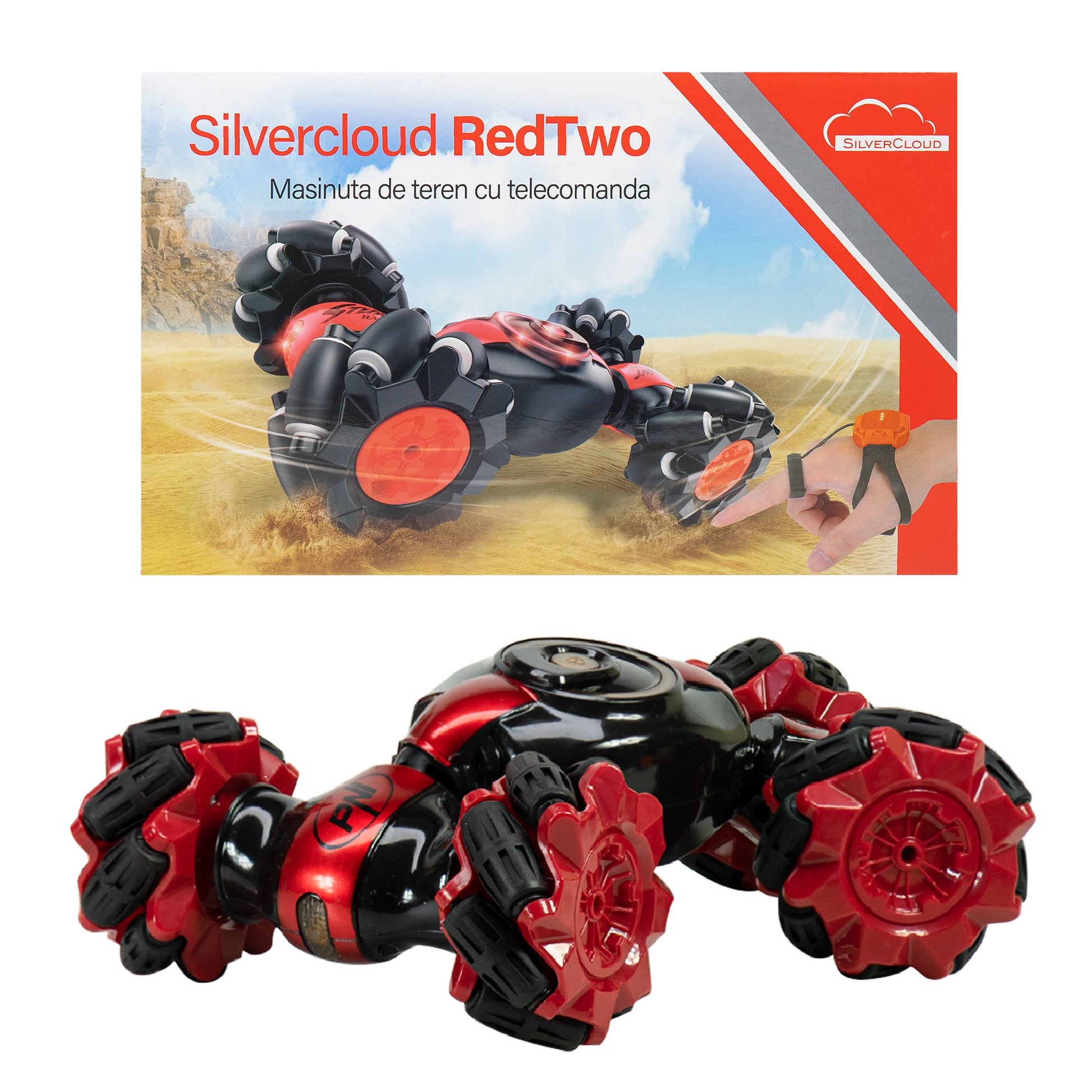Jucarie masinuta de teren Silvercloud RedTwo, cu telecomanda si controler gestual, schimbare forma, acumulator de rezerva 500mAh inclus, rosu