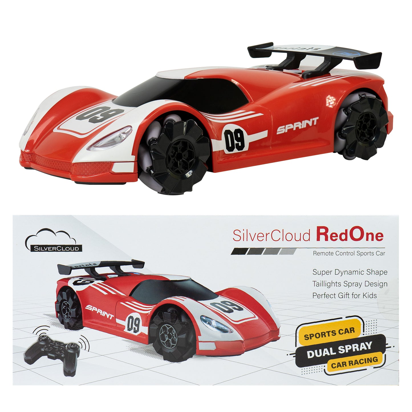 Jucarie masinuta sport Silvercloud RedOne cu telecomanda,  cu efect &#34;fum&#34; si LED-uri, acumulator de rezerva 1500mAh, miscari omnidirectionale, rosu