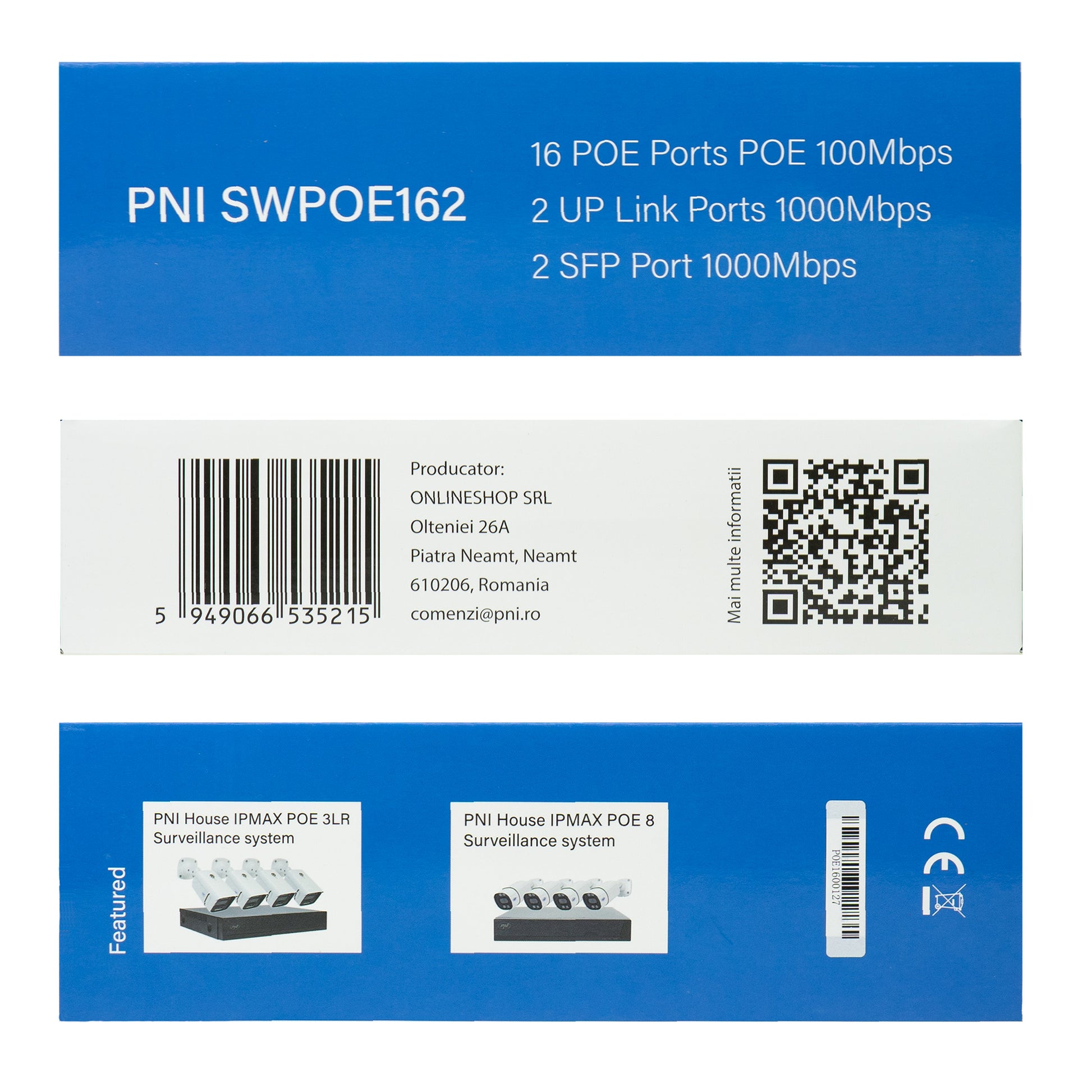 Switch POE PNI SWPOE162, 16 porturi POE 100 Mbps, 2 porturi UP Link 1000 Mbps, 1 port SFP 1000Mbps, 240W, functie AI Extend pana la 250m, protectie fulger 4kV