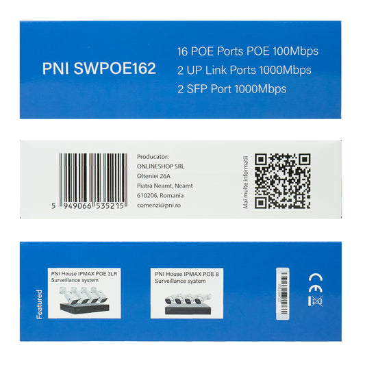 Switch POE PNI SWPOE162, 16 porturi POE 100 Mbps, 2 porturi UP Link 1000 Mbps, 1 port SFP 1000Mbps, 240W, functie AI Extend pana la 250m, protectie fulger 4kV