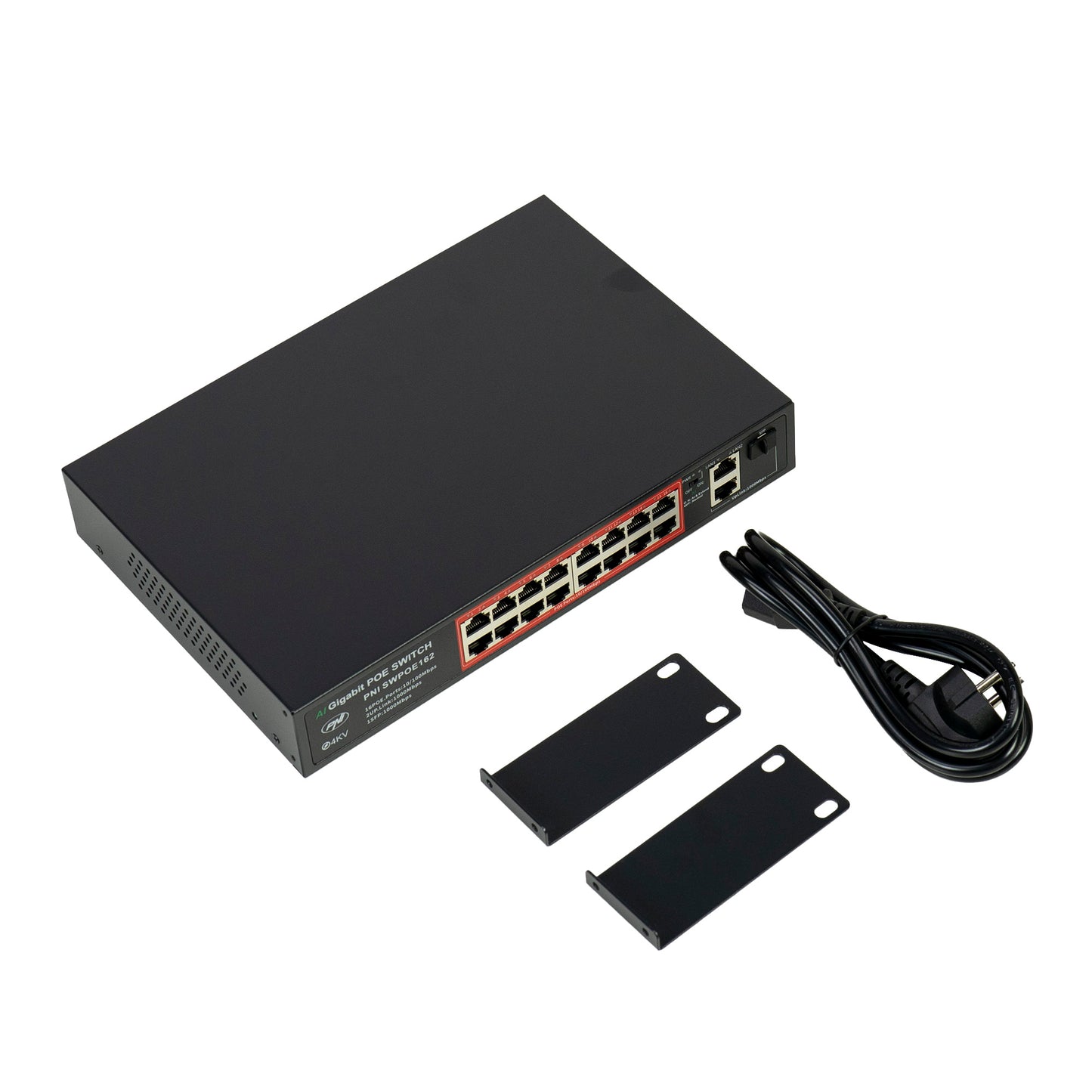 Switch POE PNI SWPOE162, 16 porturi POE 100 Mbps, 2 porturi UP Link 1000 Mbps, 1 port SFP 1000Mbps, 240W, functie AI Extend pana la 250m, protectie fulger 4kV