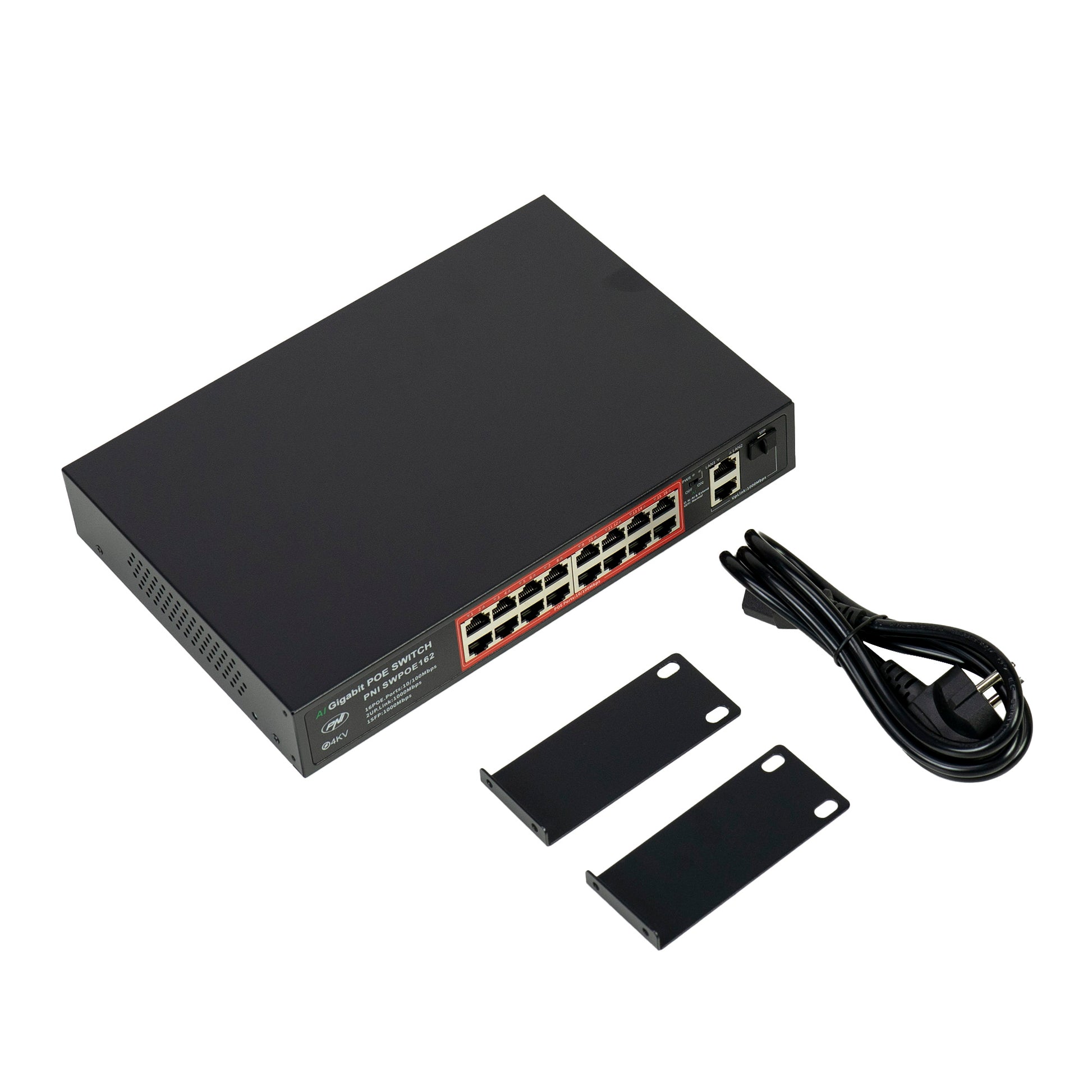 Switch POE PNI SWPOE162, 16 porturi POE 100 Mbps, 2 porturi UP Link 1000 Mbps, 1 port SFP 1000Mbps, 240W, functie AI Extend pana la 250m, protectie fulger 4kV