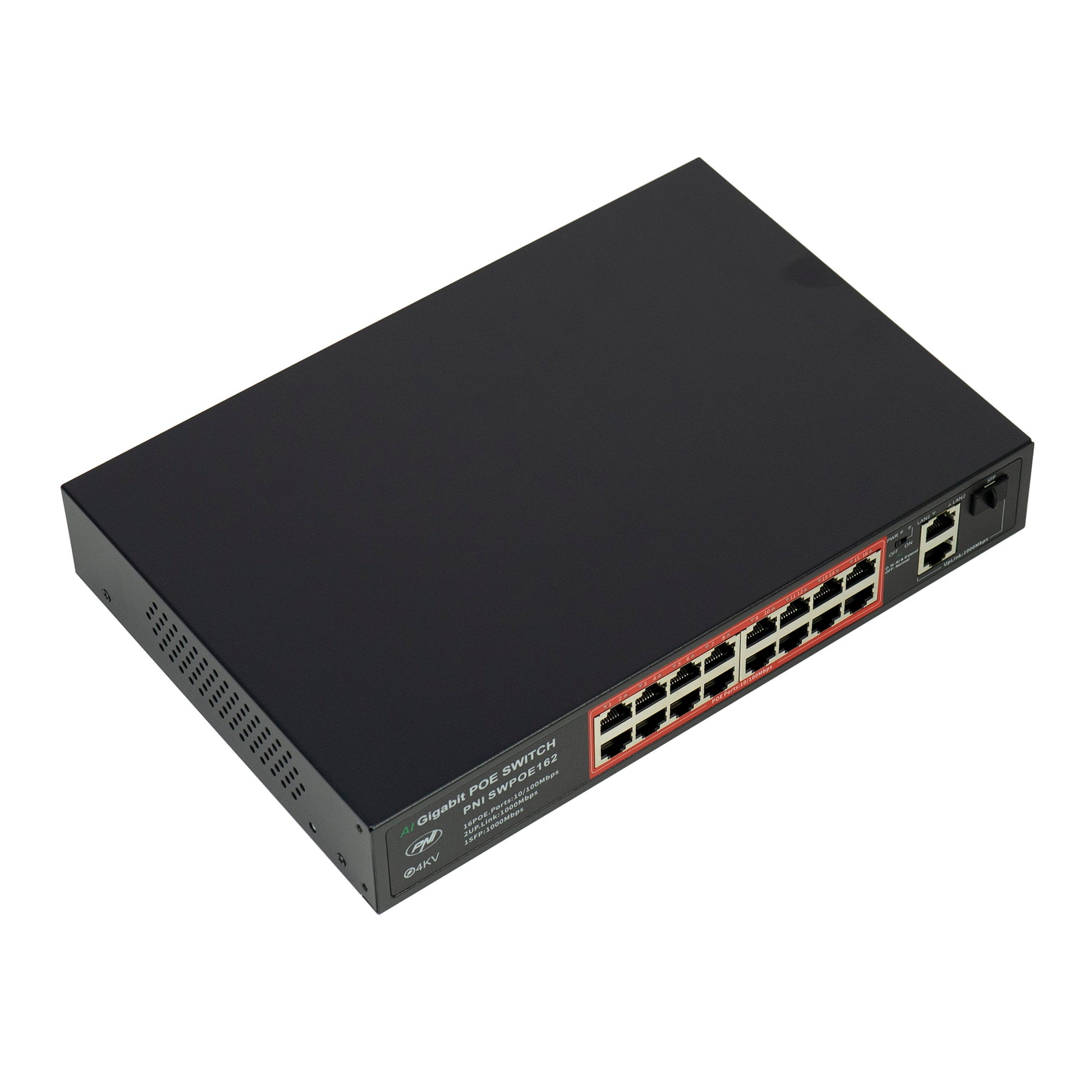 Switch POE PNI SWPOE162, 16 porturi POE 100 Mbps, 2 porturi UP Link 1000 Mbps, 1 port SFP 1000Mbps, 240W, functie AI Extend pana la 250m, protectie fulger 4kV