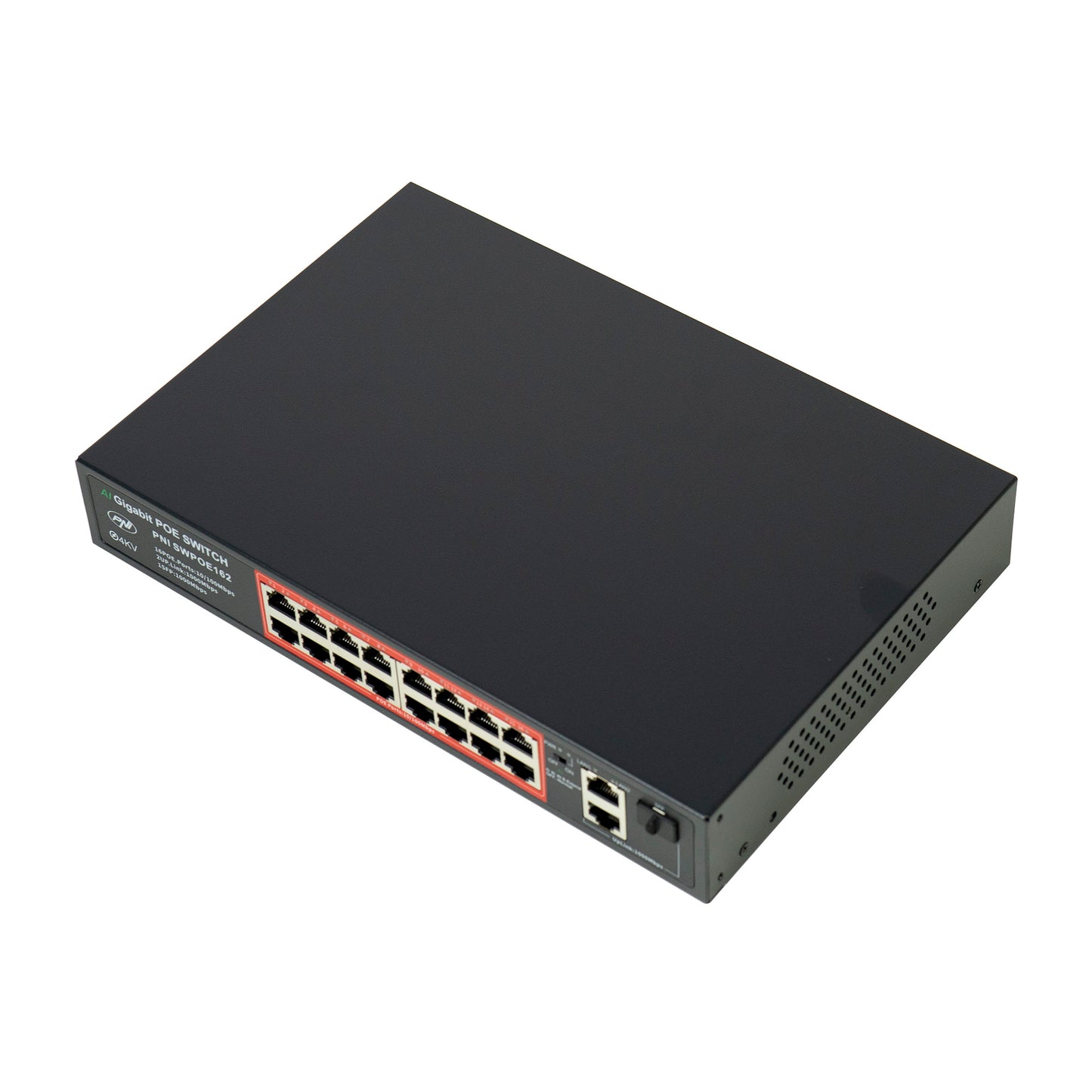 Switch POE PNI SWPOE162, 16 porturi POE 100 Mbps, 2 porturi UP Link 1000 Mbps, 1 port SFP 1000Mbps, 240W, functie AI Extend pana la 250m, protectie fulger 4kV