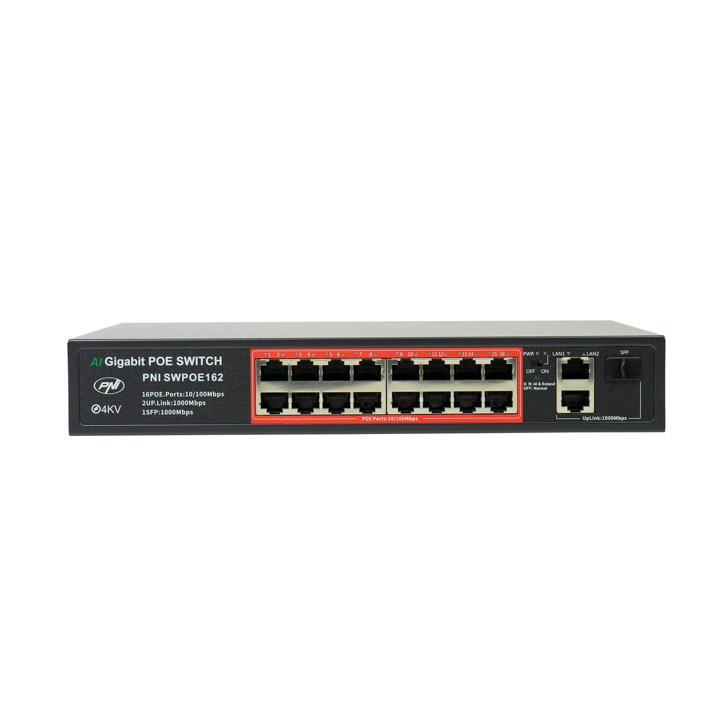 Switch POE PNI SWPOE162, 16 porturi POE 100 Mbps, 2 porturi UP Link 1000 Mbps, 1 port SFP 1000Mbps, 240W, functie AI Extend pana la 250m, protectie fulger 4kV