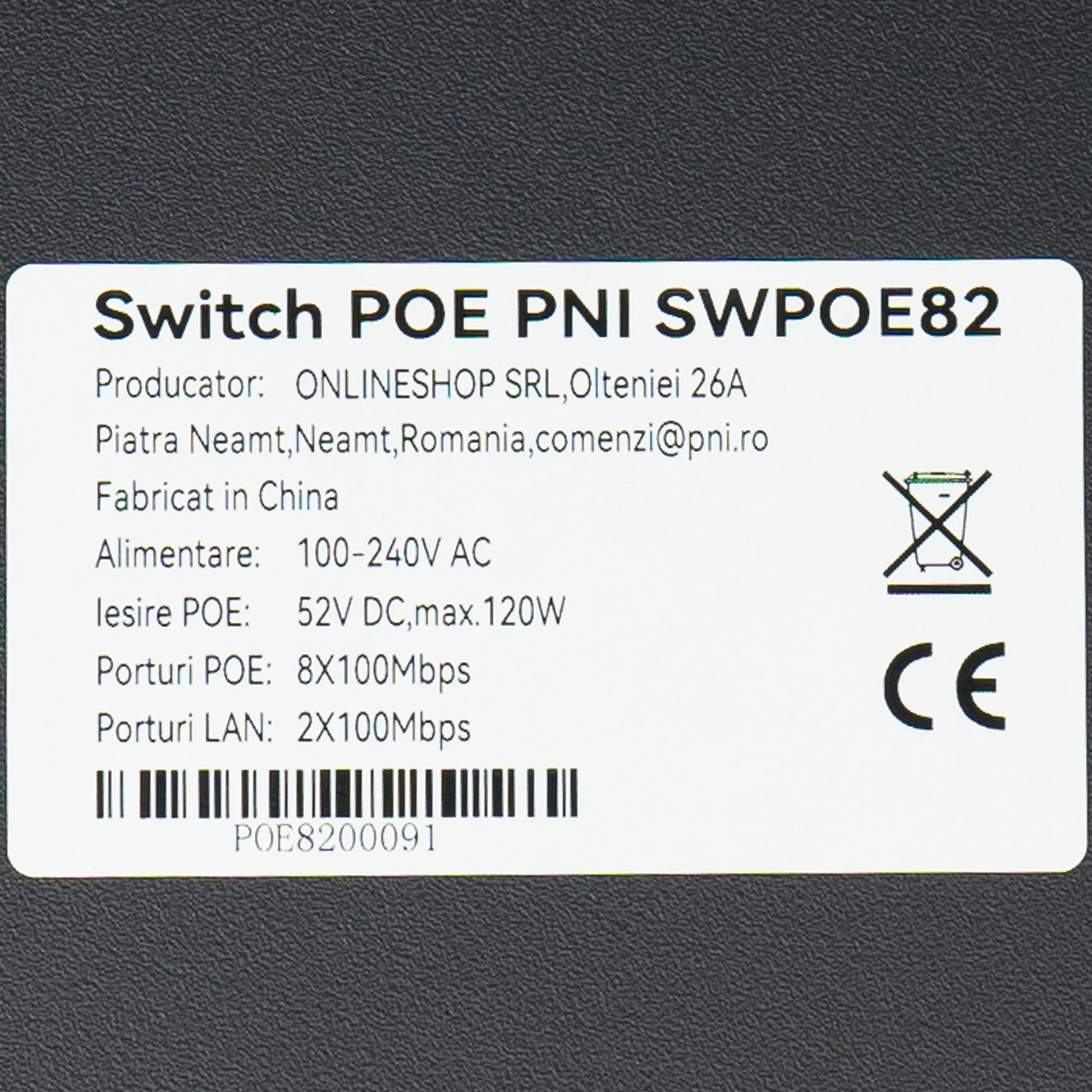 Switch POE PNI SWPOE82 8 porturi POE 100 Mbps si 2 porturi UP Link 100 Mbps, 120W, functie AI Extend pana la 250m, protectie fulger 4kV