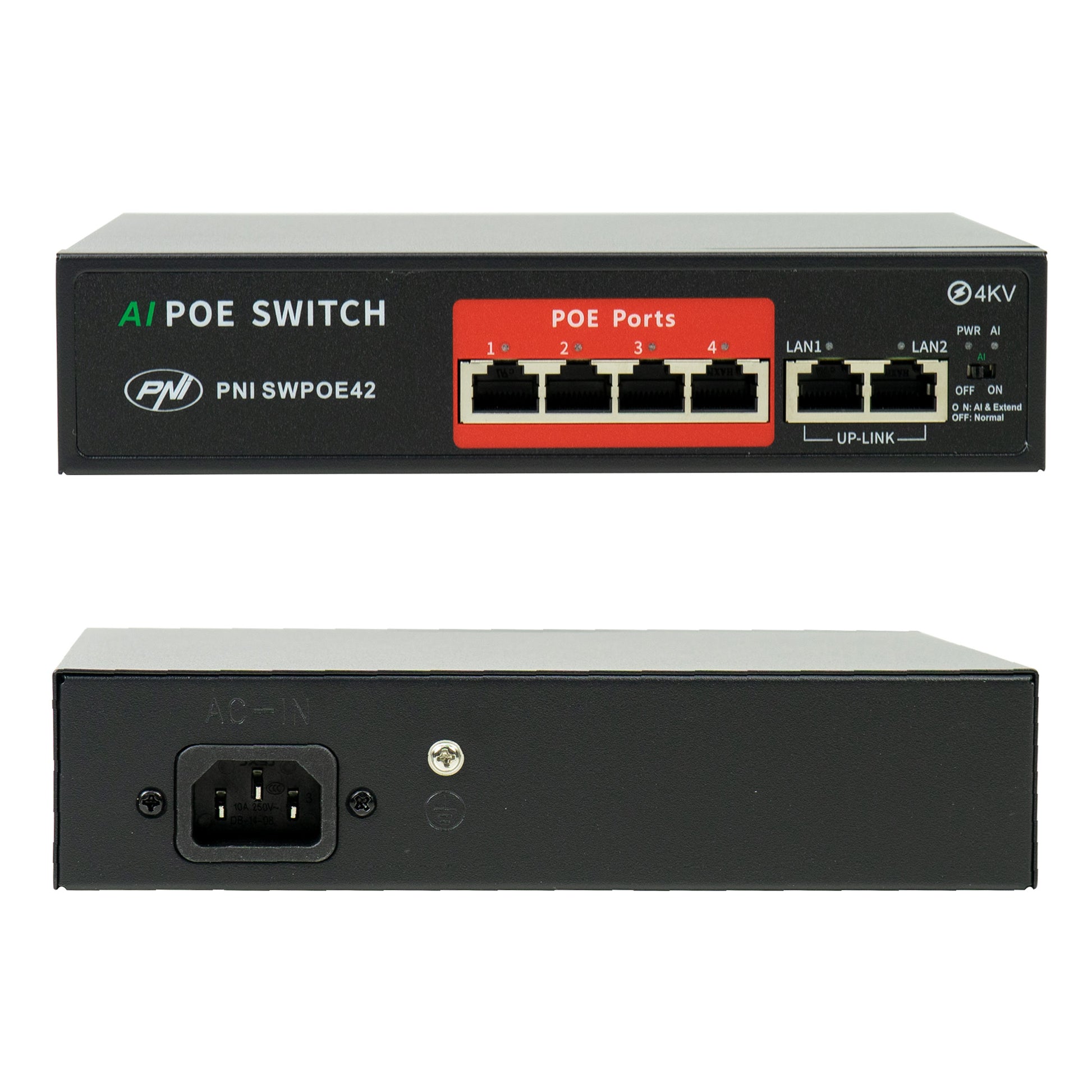 Switch POE PNI SWPOE42 4 porturi POE 100 Mbps si 2 porturi UP Link 100 Mbps, 65W, functie AI Extend pana la 250m, protectie fulger 4kV