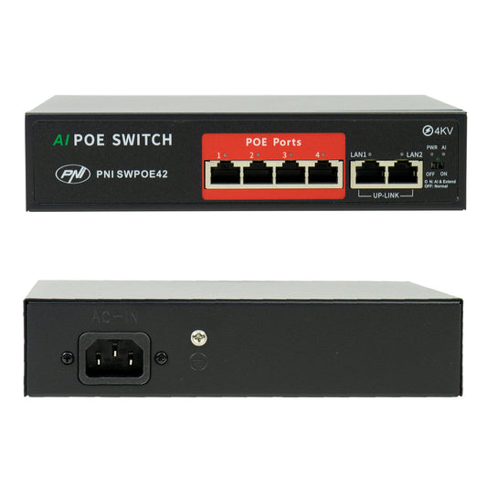 Switch POE PNI SWPOE42 4 porturi POE 100 Mbps si 2 porturi UP Link 100 Mbps, 65W, functie AI Extend pana la 250m, protectie fulger 4kV